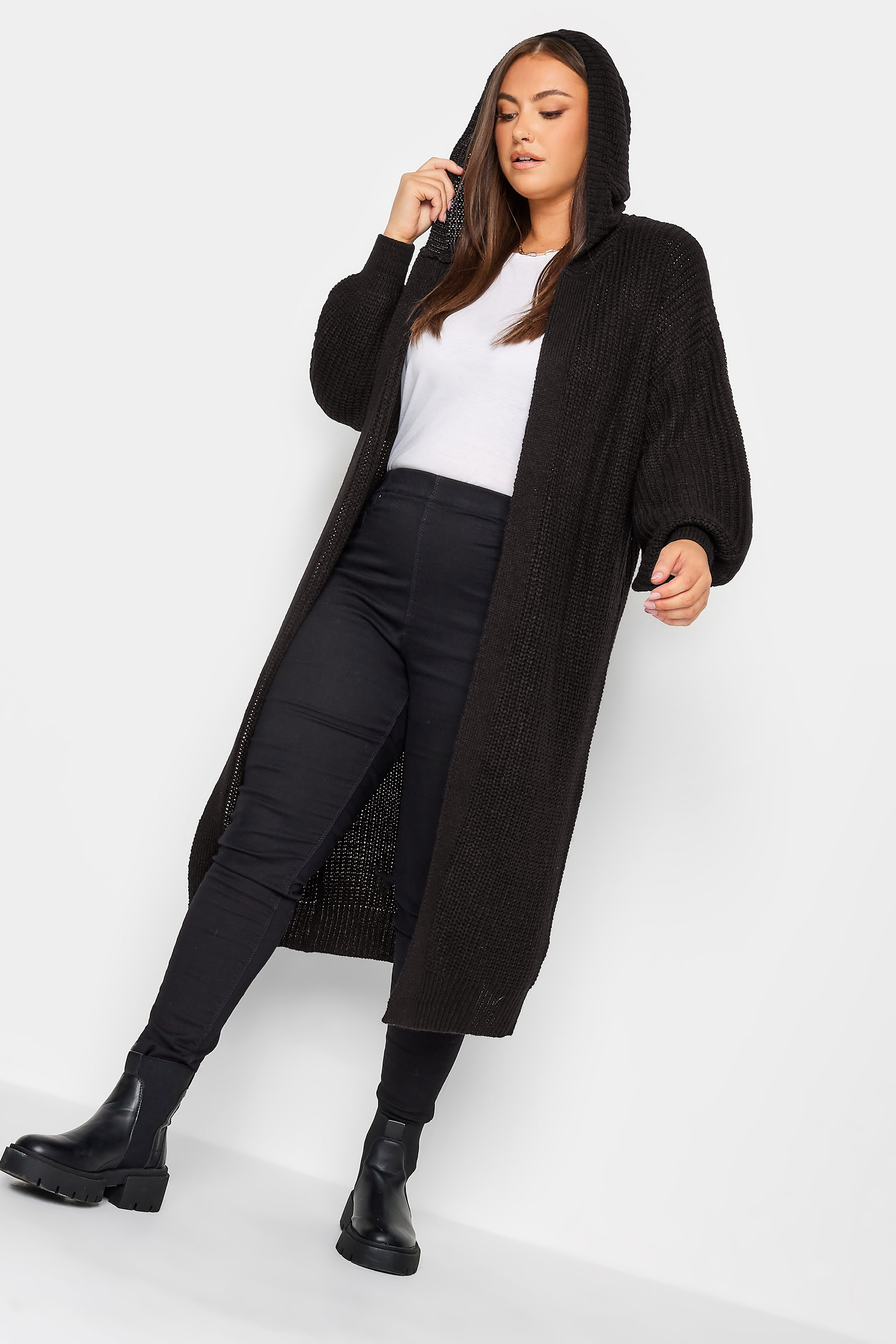 YOURS Plus Size Black Hooded Longline Cardigan | Yours Clothing 2