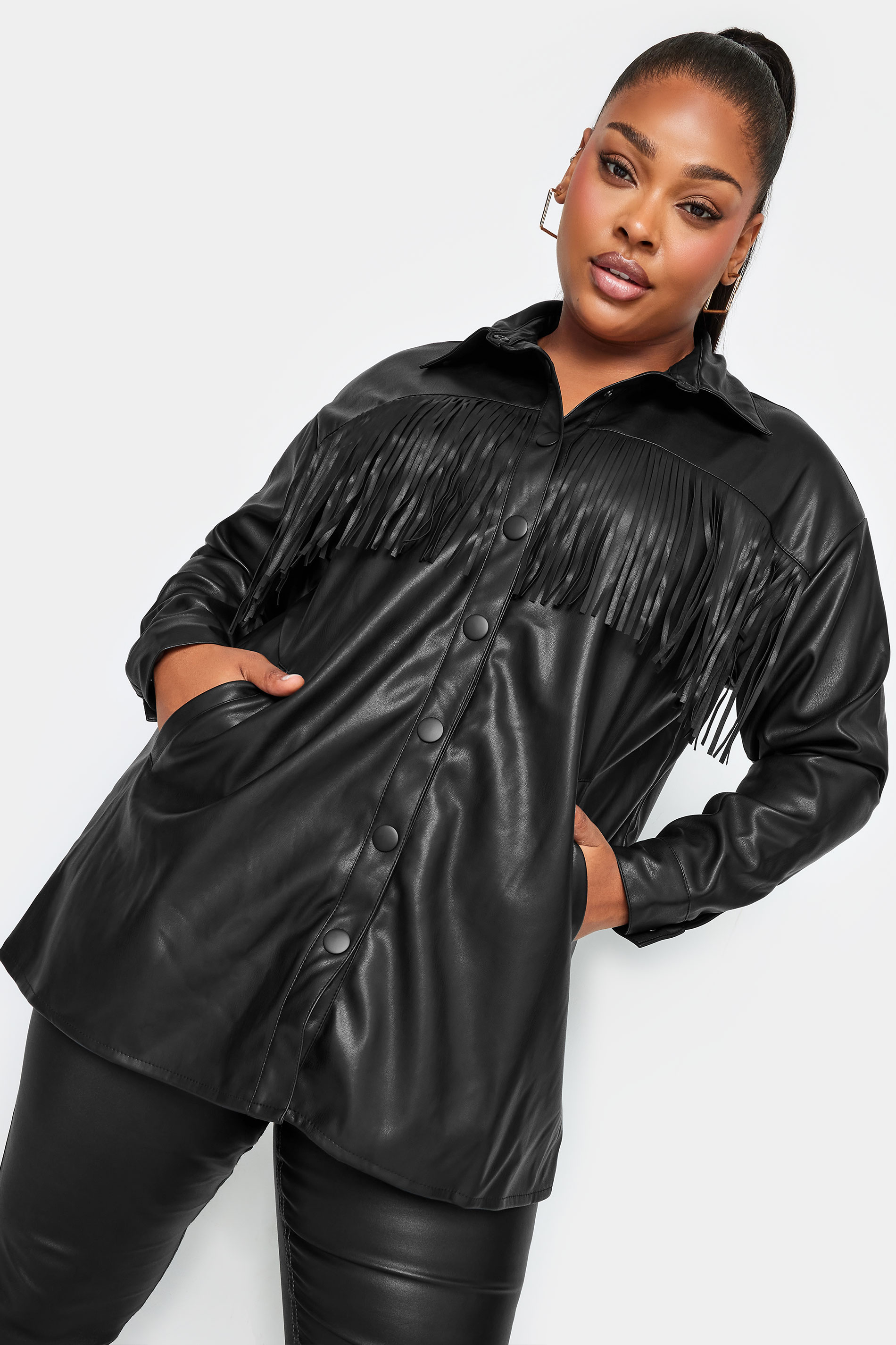 YOURS Curve Plus Size Black Faux Leather Fringe Jacket | Yours Clothing  1