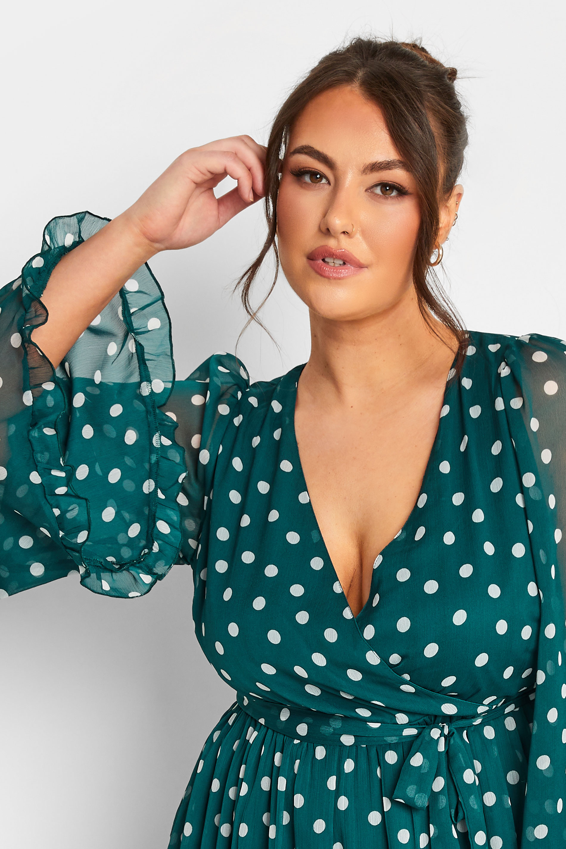 YOURS LONDON Plus Size Curve Dark Green Polka Dot Wrap Top | Yours Clothing