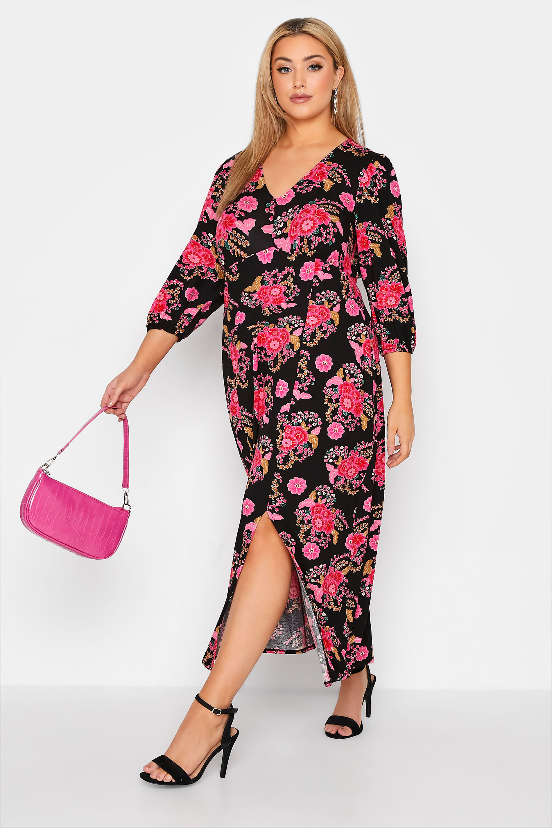 YOURS LONDON Plus Size Black & Pink Floral Side Split Maxi Dress | Yours Clothing 1