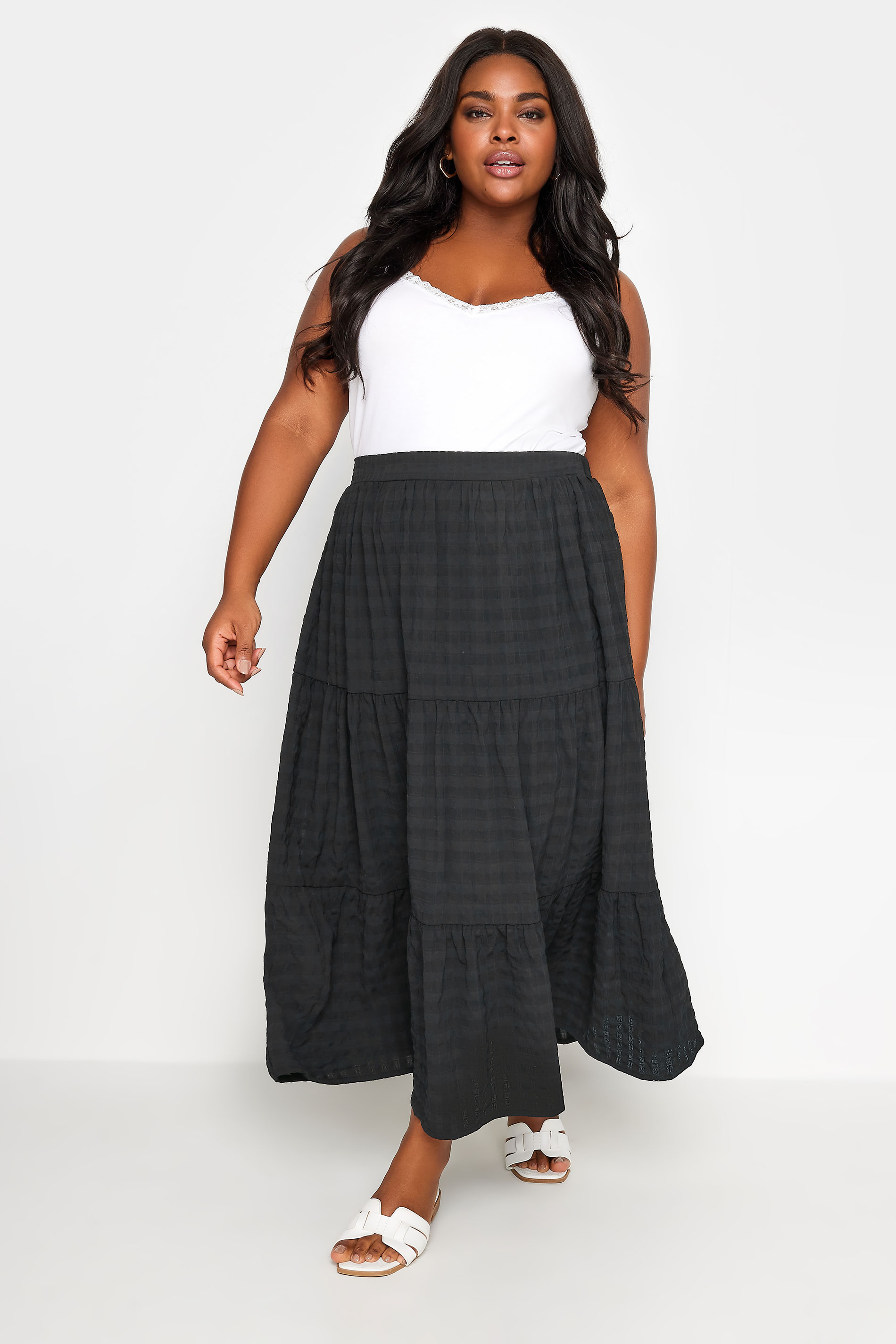 YOURS Curve Black Tiered Checked Midi Skirt | Yours Clothing 1