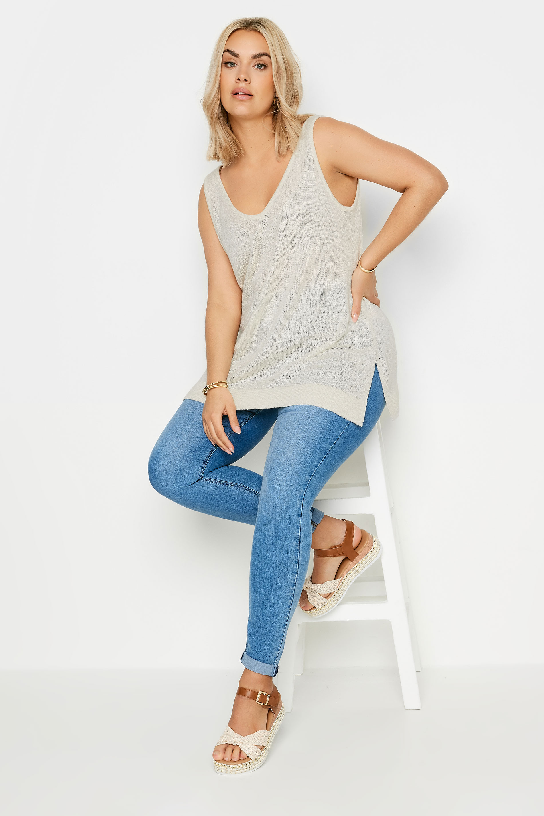 YOURS Plus Size White Knitted Vest Top | Yours Clothing 2