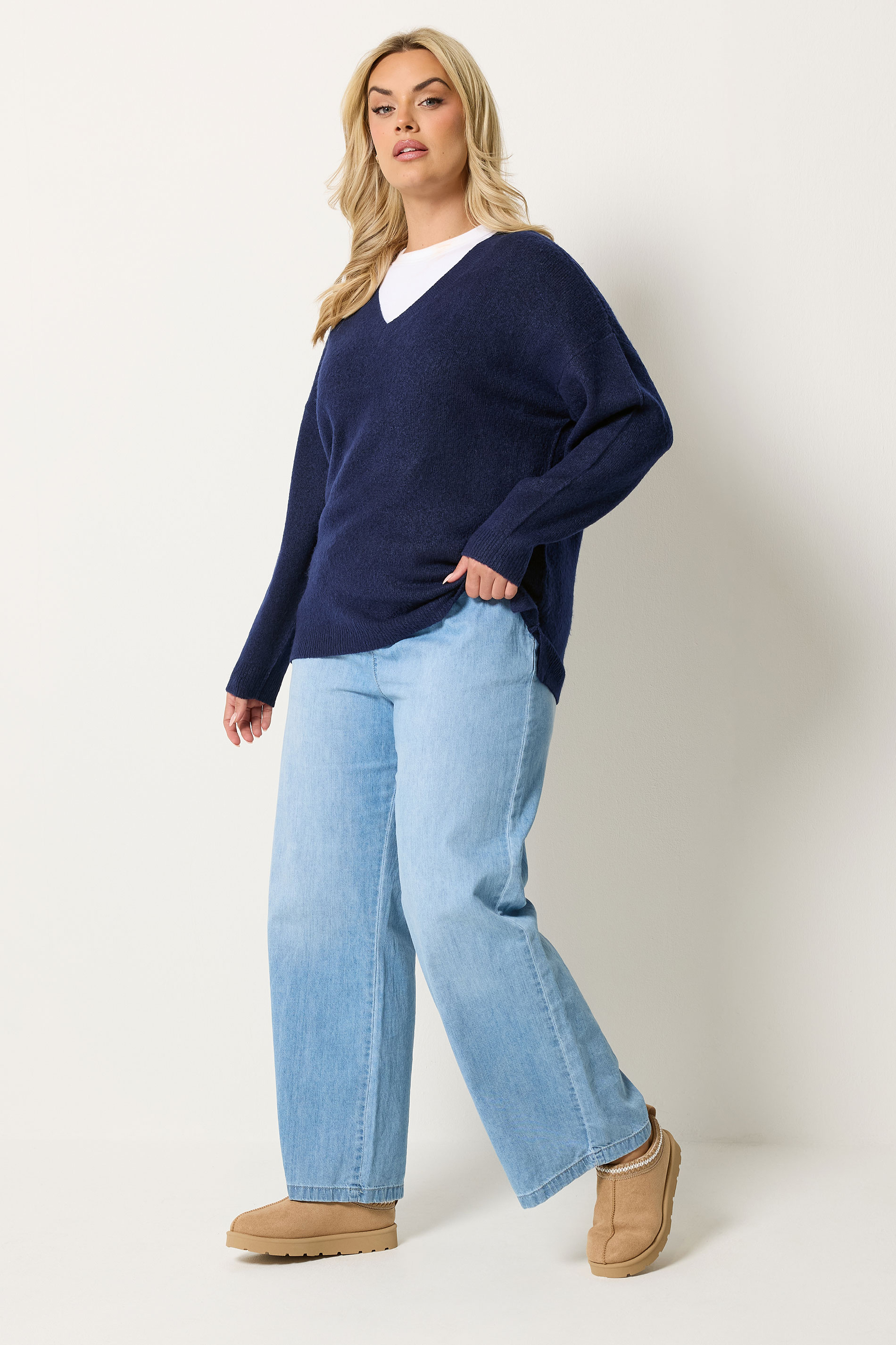 YOURS Plus Size Navy Blue V-Neck Soft Touch Jumper | Yours Clothing 1