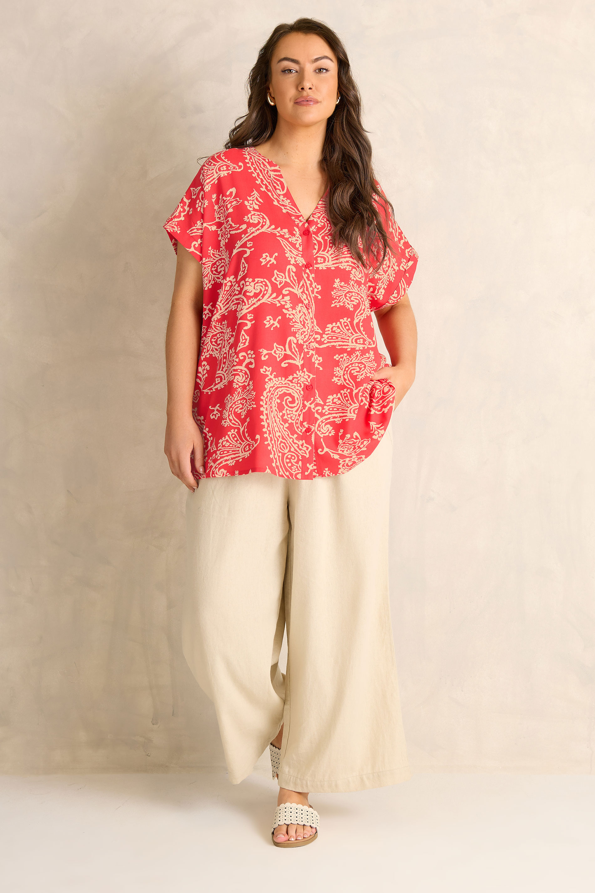 EVANS Plus Size Red Paisley Notch Neck Modal Shirt | Evans 1