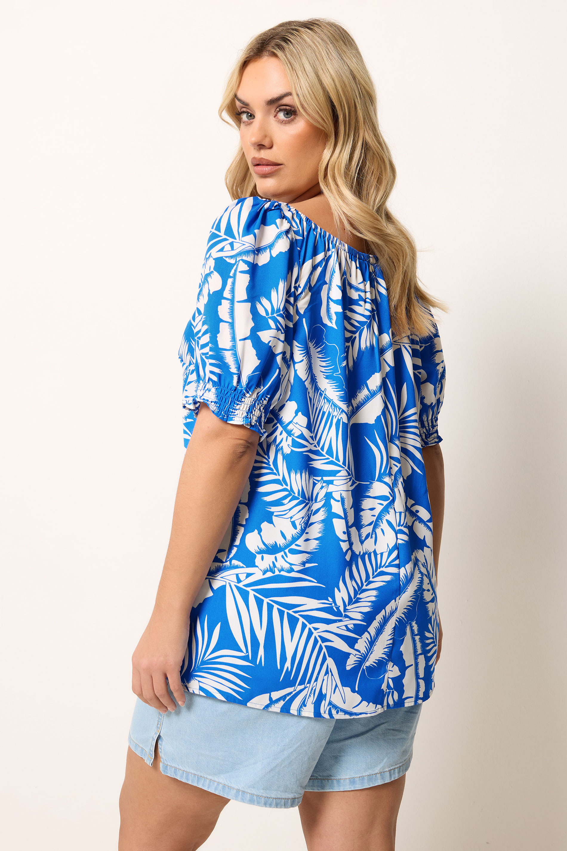 YOURS Plus Size Dark Blue Palm Leaf Tie Neck Blouse | Yours Clothing 2