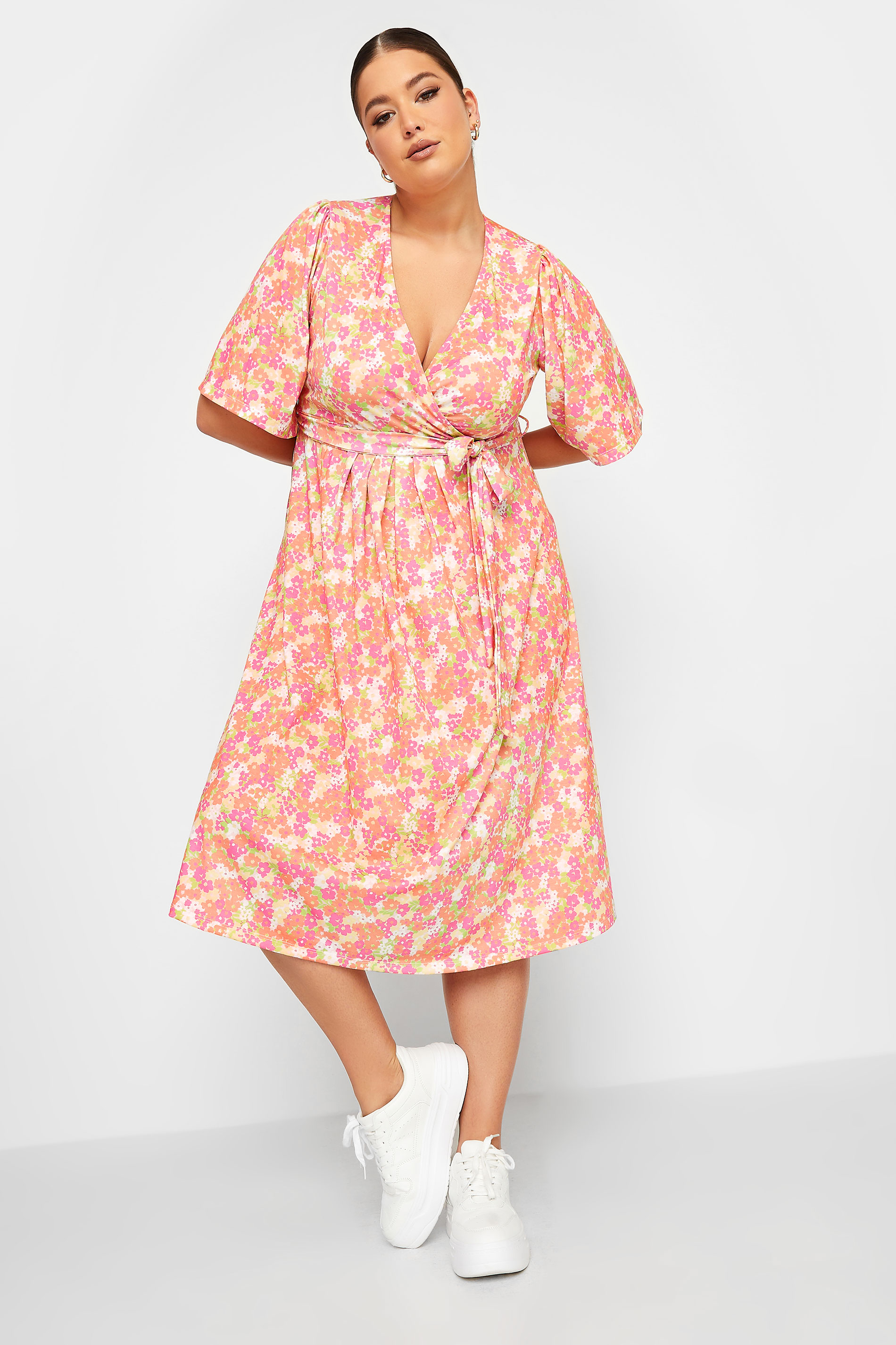 LIMITED COLLECTION Plus Size Orange Floral Print Wrap Midi Dress | Yours Clothing 1