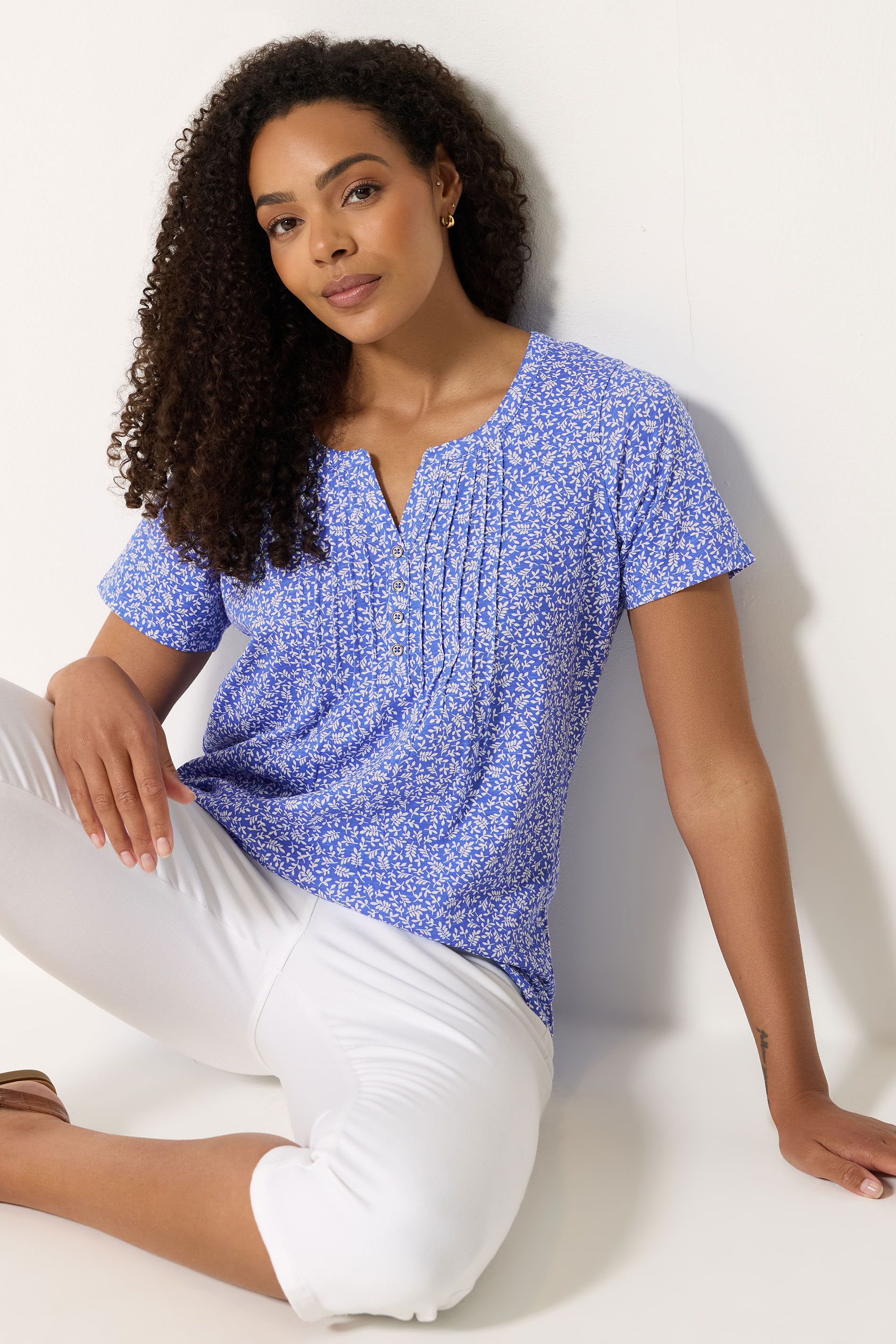 M&Co Blue Leaf Print Cotton Henley Top| M&Co 3