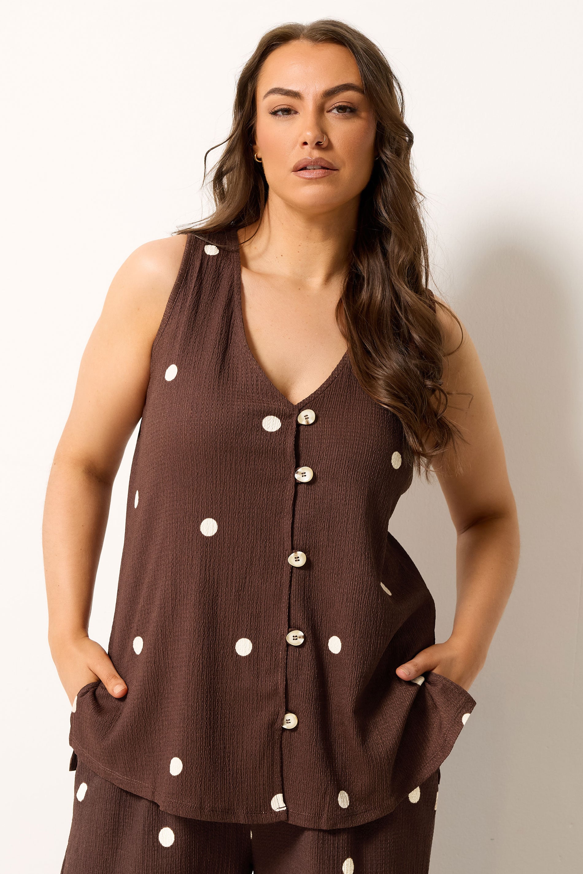 YOURS Plus Size Chocolate Brown Polka Dot Textured Waistcoat | Yours Clothing 3