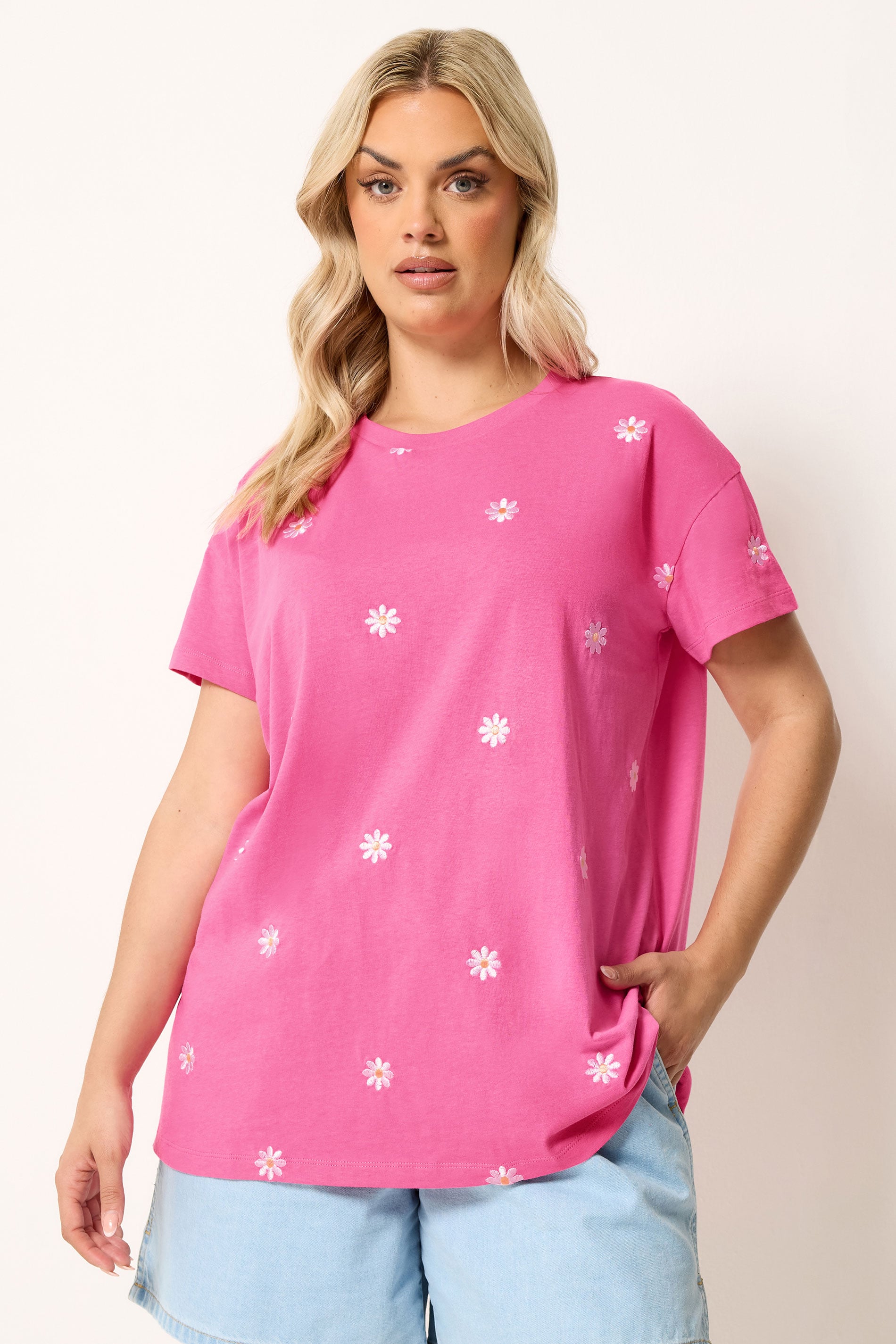 YOURS Plus Size Pink Embroidered Daisy Short Sleeve T-Shirt | Yours Clothing 3