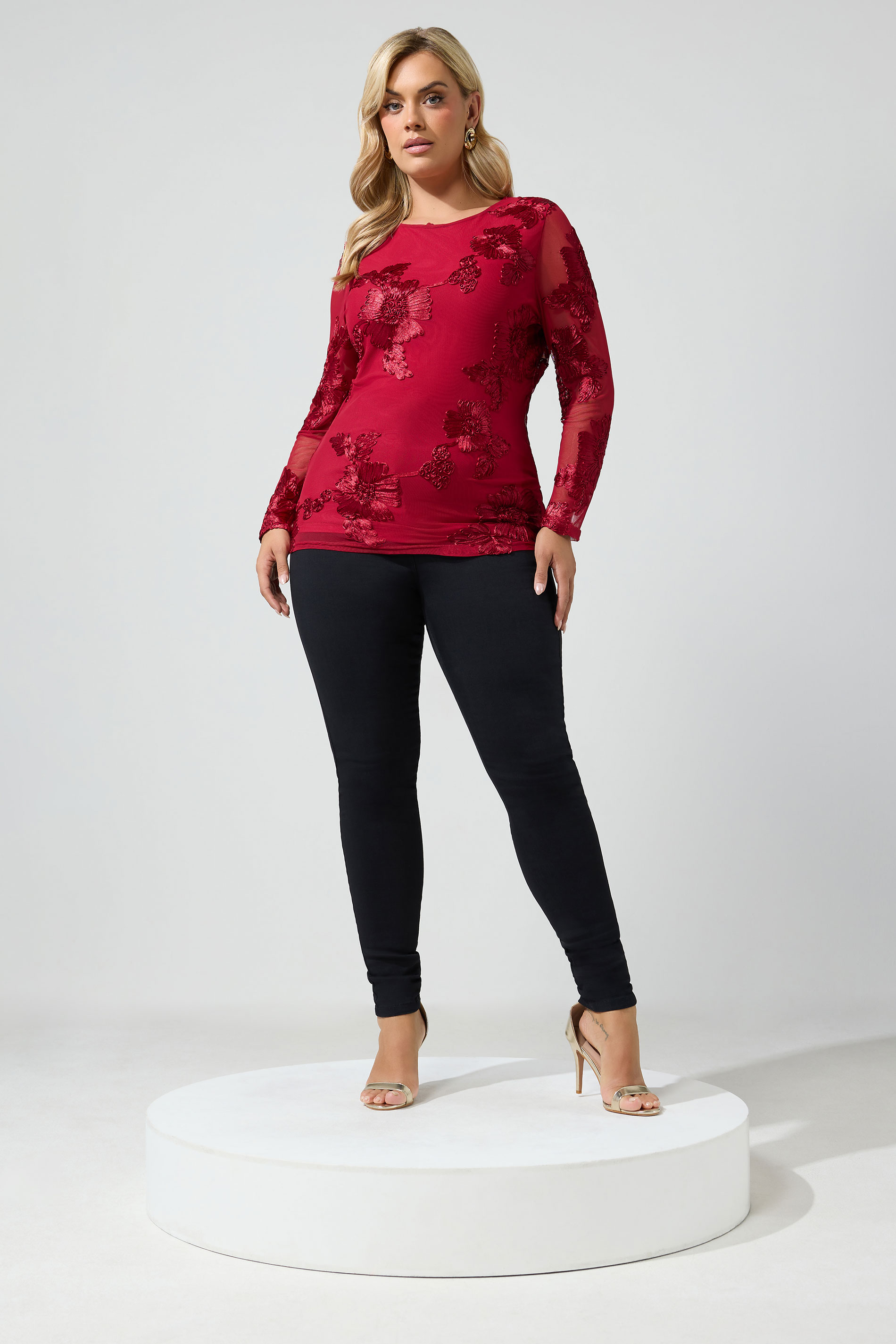 Yours London Rode Monochrome Top Van Mesh Met Bloemenprint Size 38