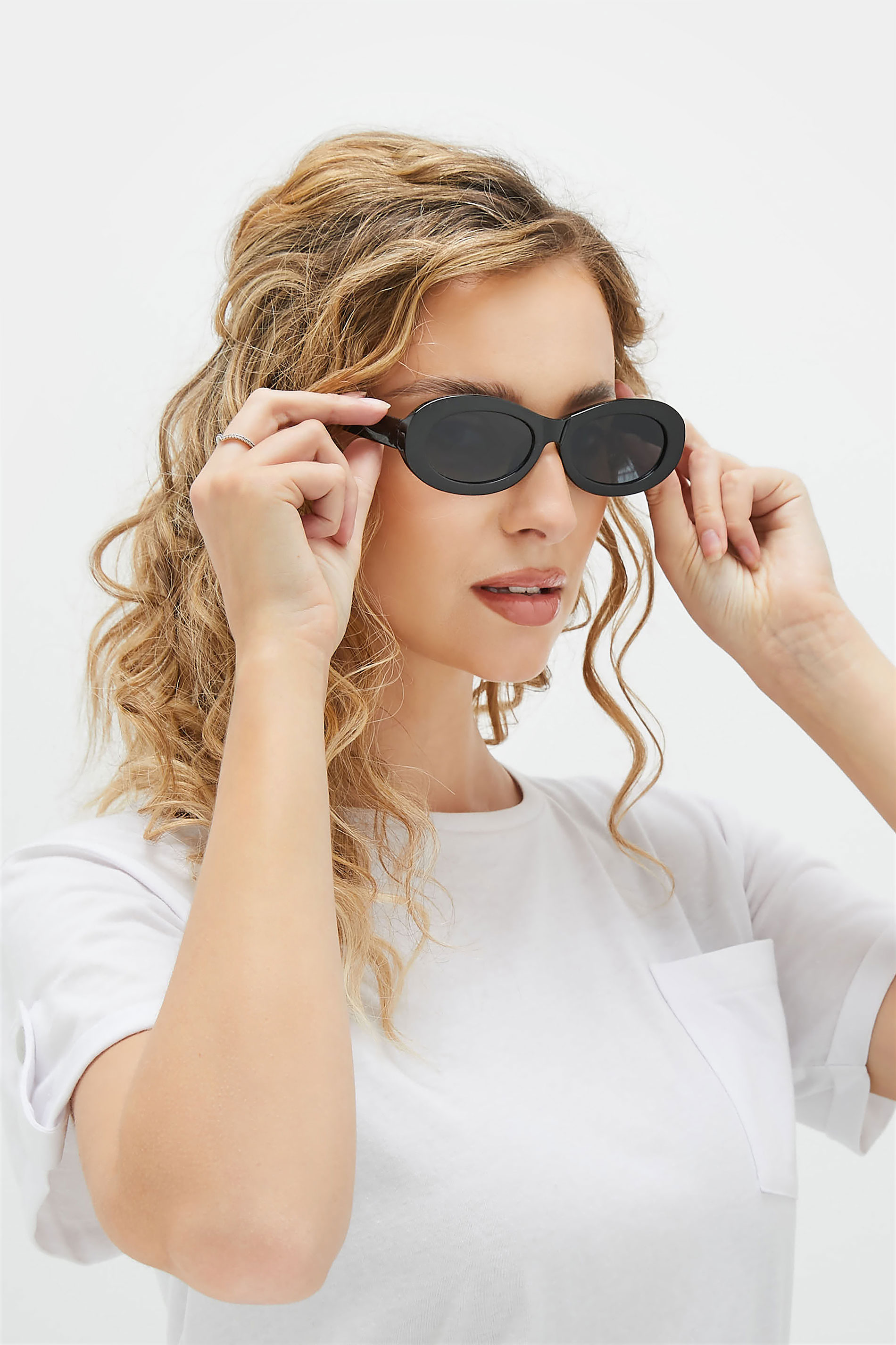 Black Oval Tinted Lens Sunglasses | Yours Clothing 1