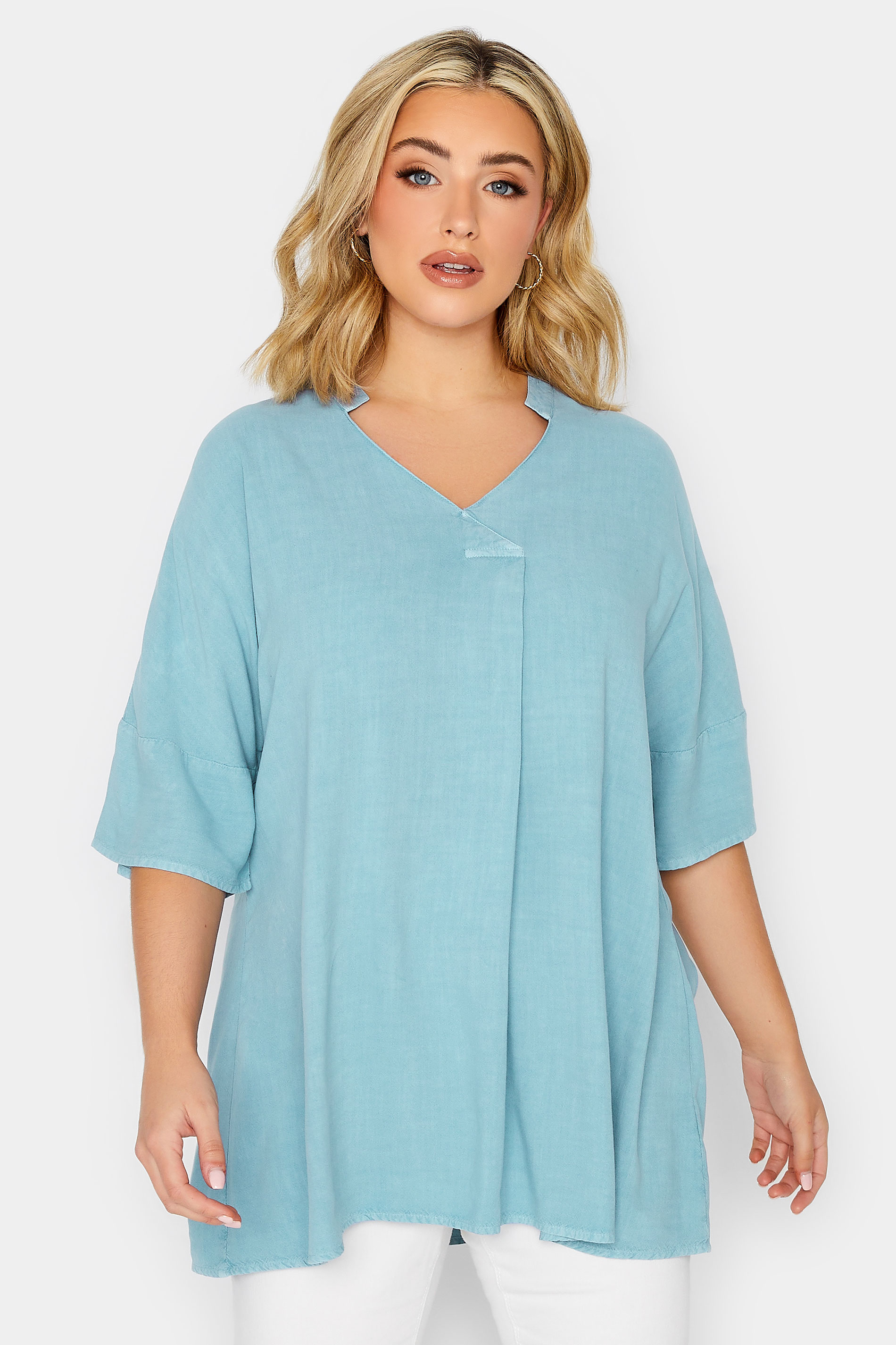YOURS Curve Plus Size Blue Pleat Front Chambray Shirt | Yours Clothing  1