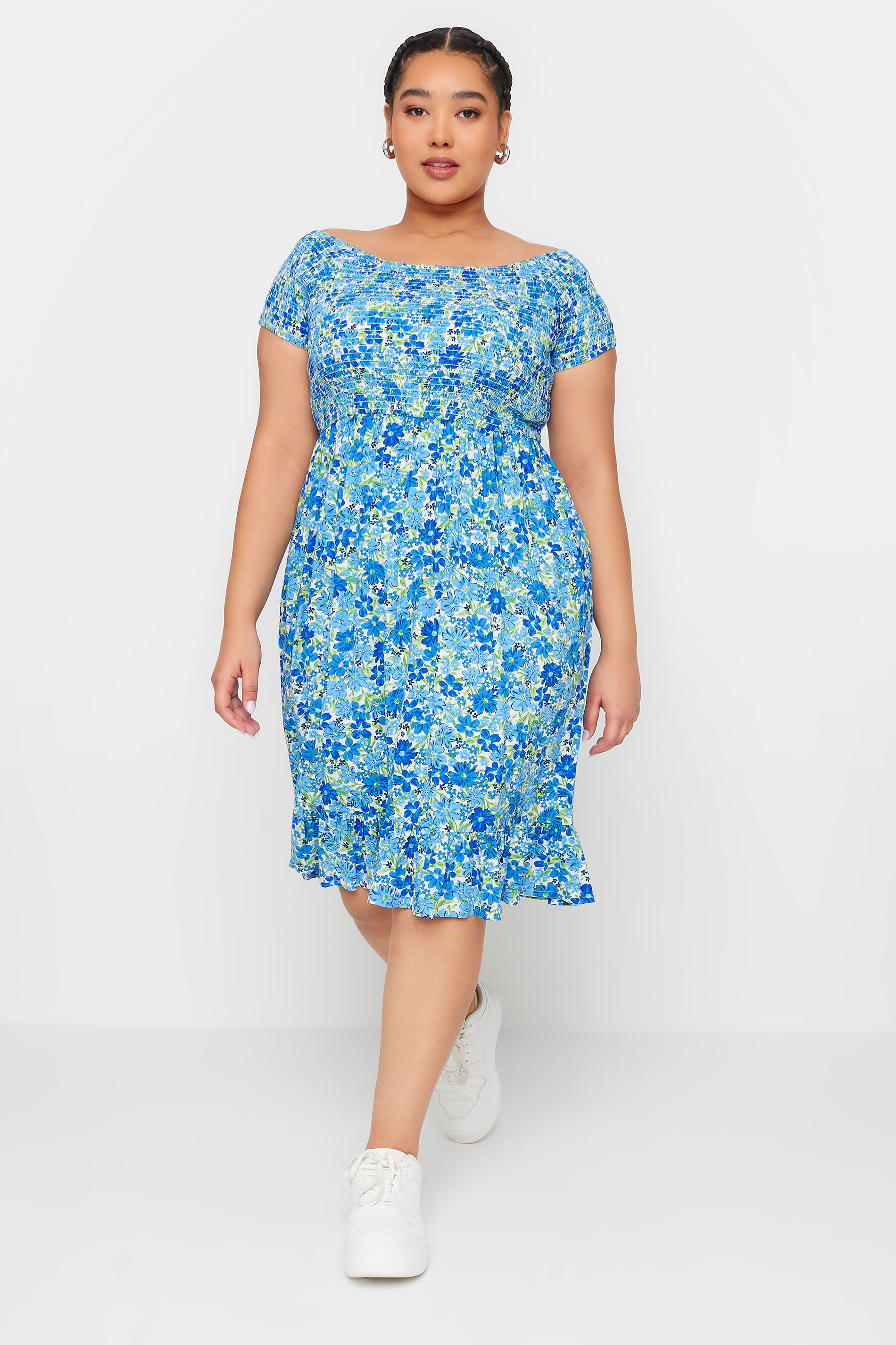 YOURS Plus Size Blue Shirred Bardot Midi Dress | Yours Clothing 2