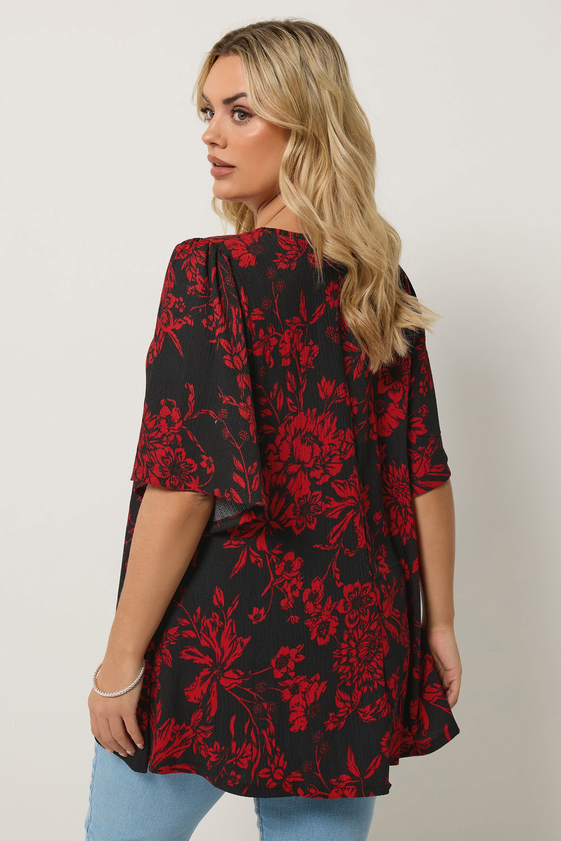 YOURS Plus Size Black & Red Floral Pleat Front Top | Yours Clothing 2