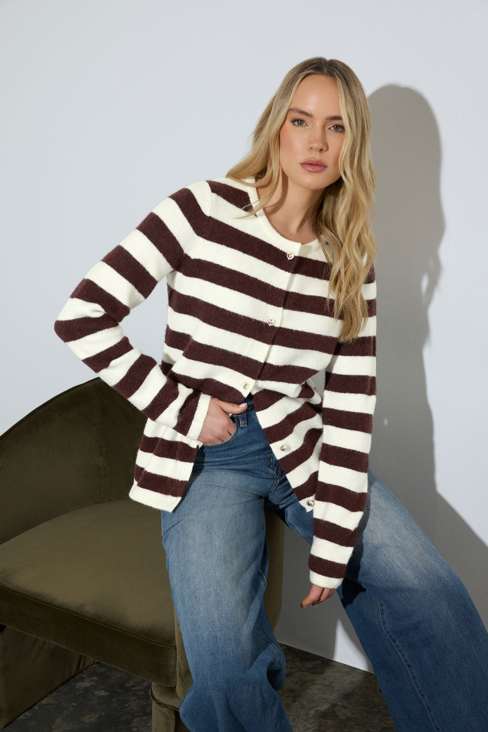 LTS Tall Women's Chocolate Brown Stripe Knitted Cardigan | Long Tall Sally 3
