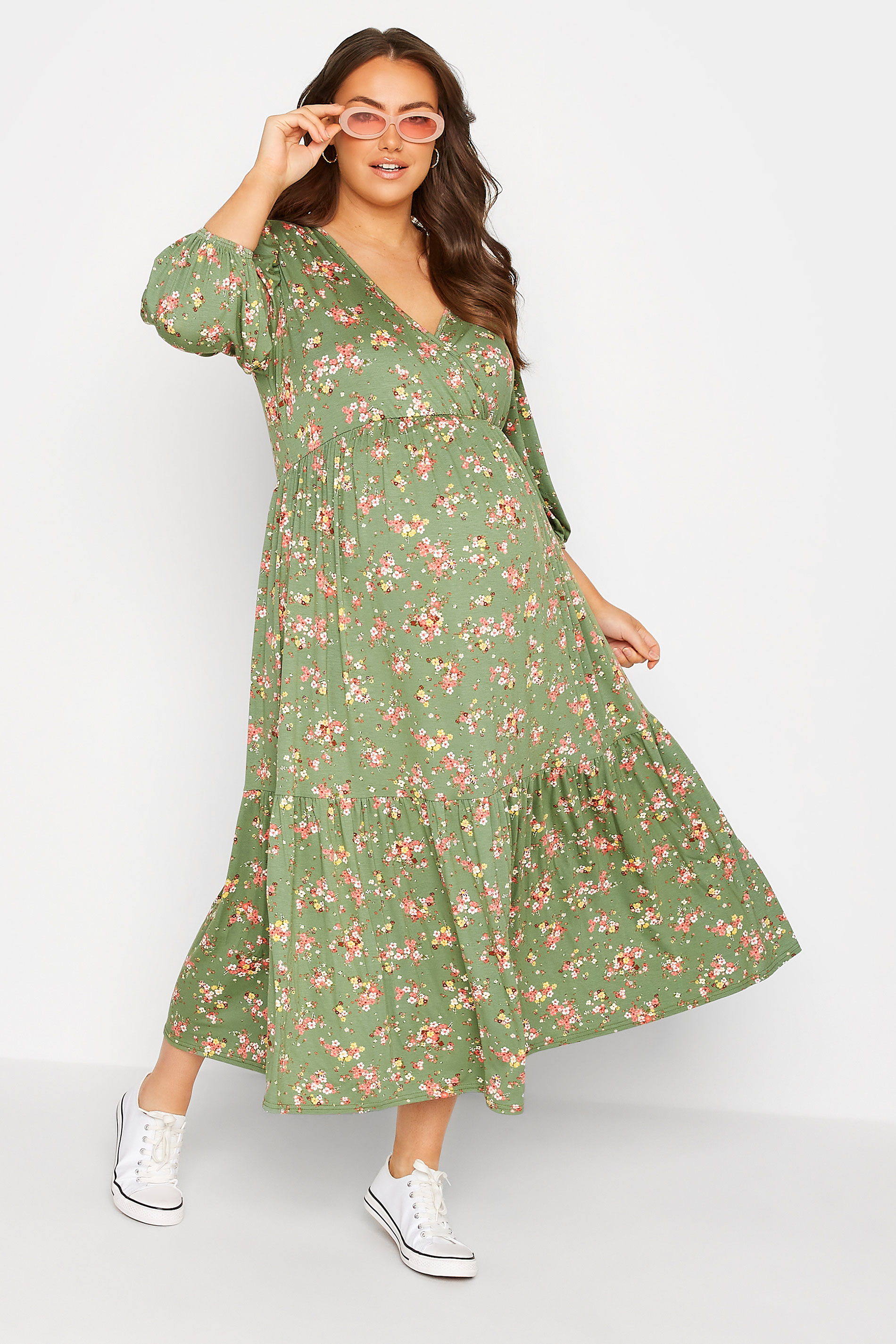 BUMP IT UP MATERNITY Plus Size Green Floral Print Tiered Wrap Dress | Yours Clothing  1