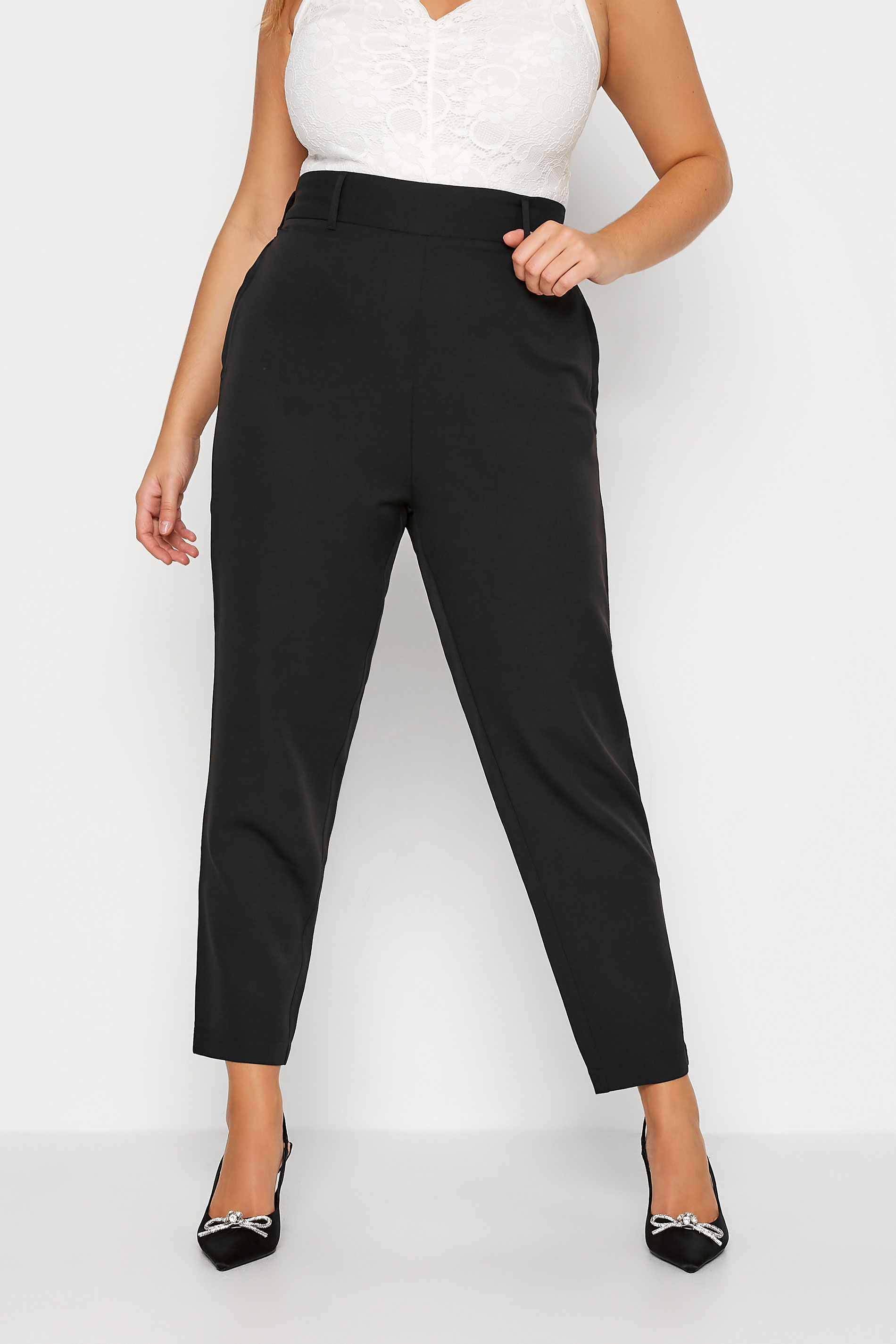 Plus Size Black High Waisted Stretch Tapered Trousers | Yours Clothing 1