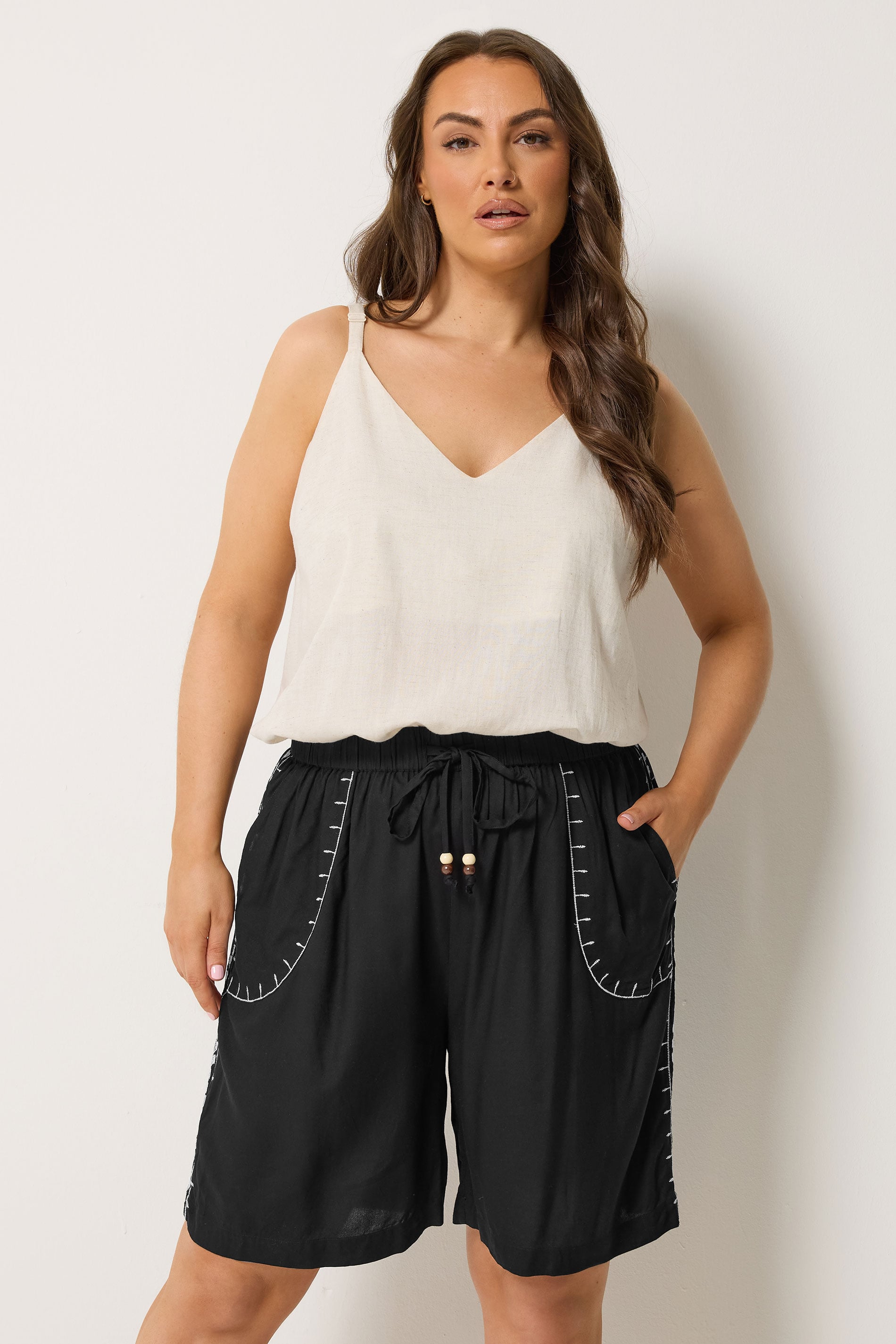 YOURS Plus Size Black Embroidered Shorts | Yours Clothing 3
