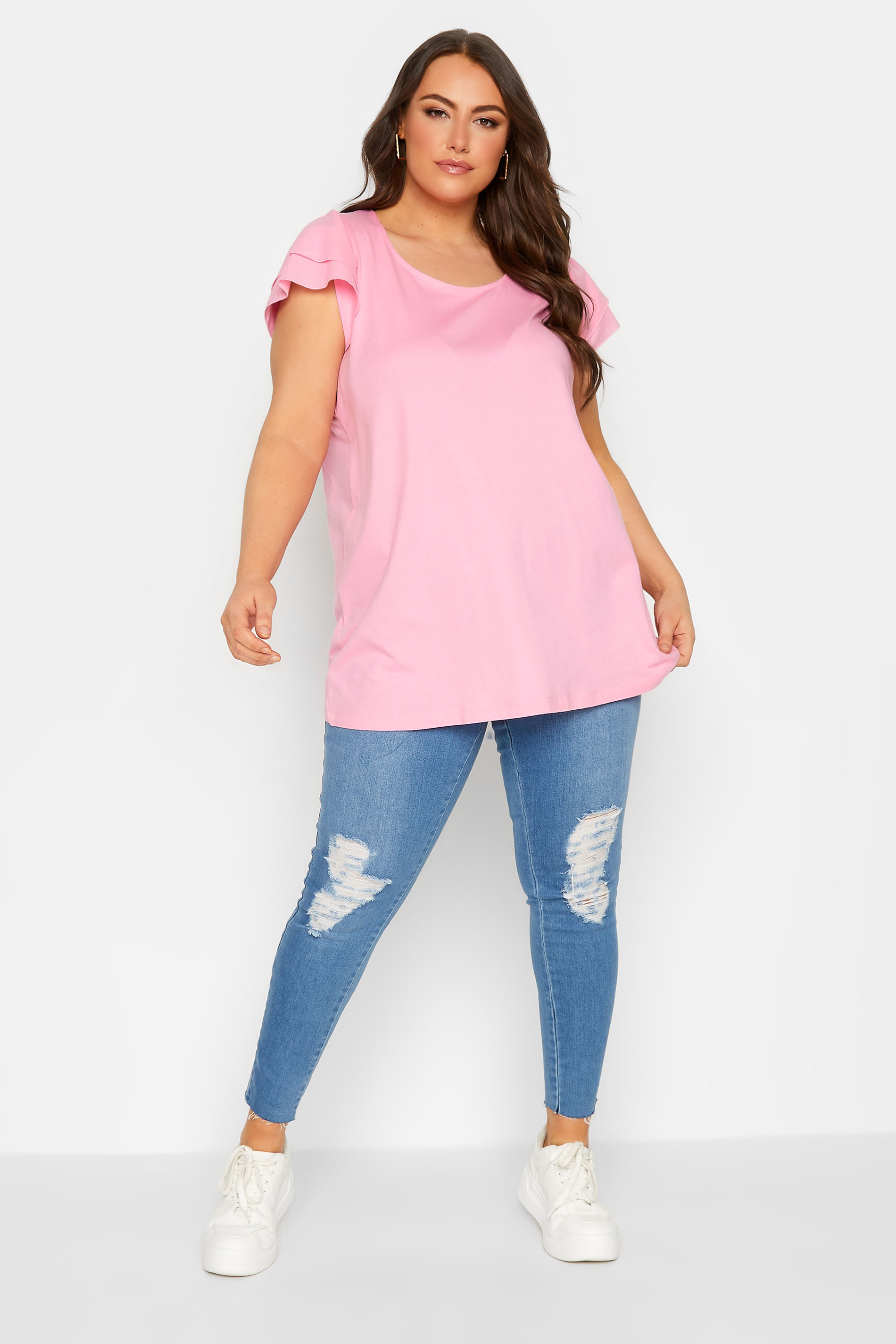 YOURS Plus Size Pink Frill Sleeve T-Shirt | Yours Clothing 2
