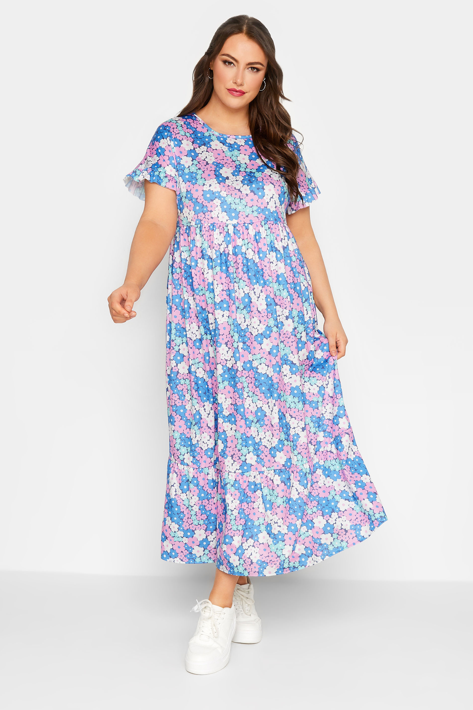 LIMITED COLLECTION Plus Size Blue Floral Print Frill Sleeve Maxi Dress | Yours Clothing 1