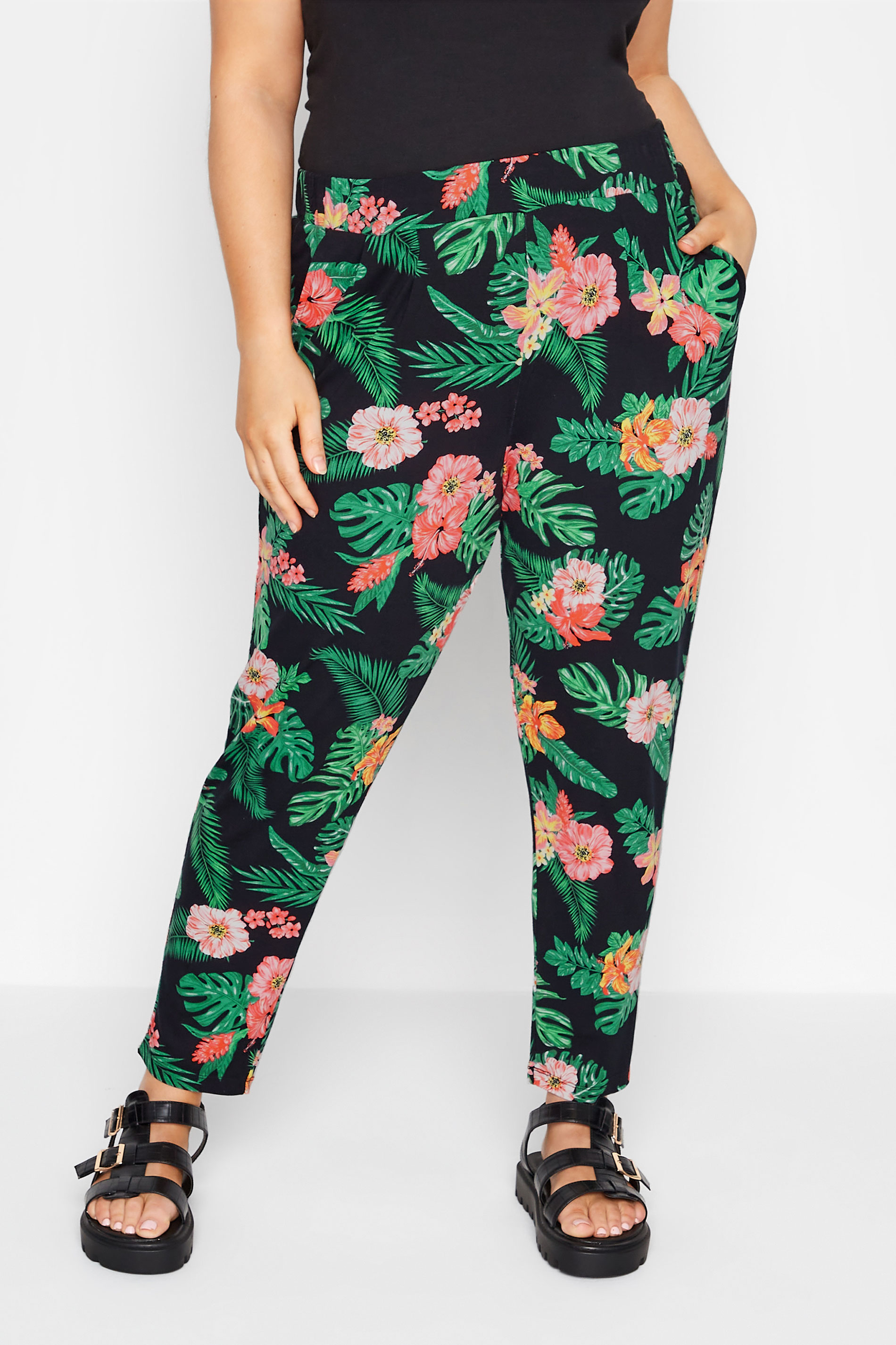 Plus Size Black Tropical Print Tapered Harem Trousers | Yours Clothing  1