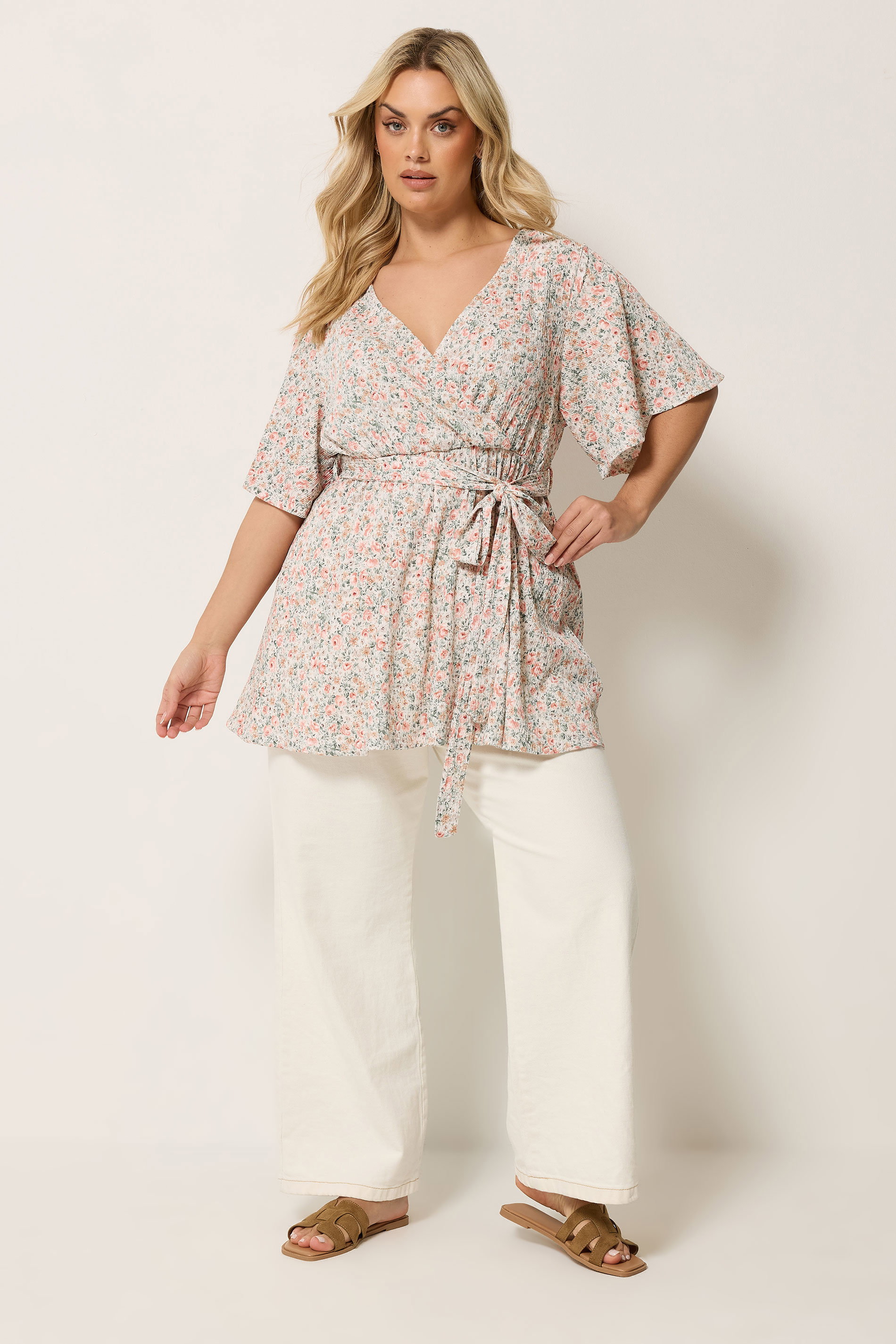 YOURS Plus Size Natural Brown Floral Textured Wrap Top | Yours Clothing 1