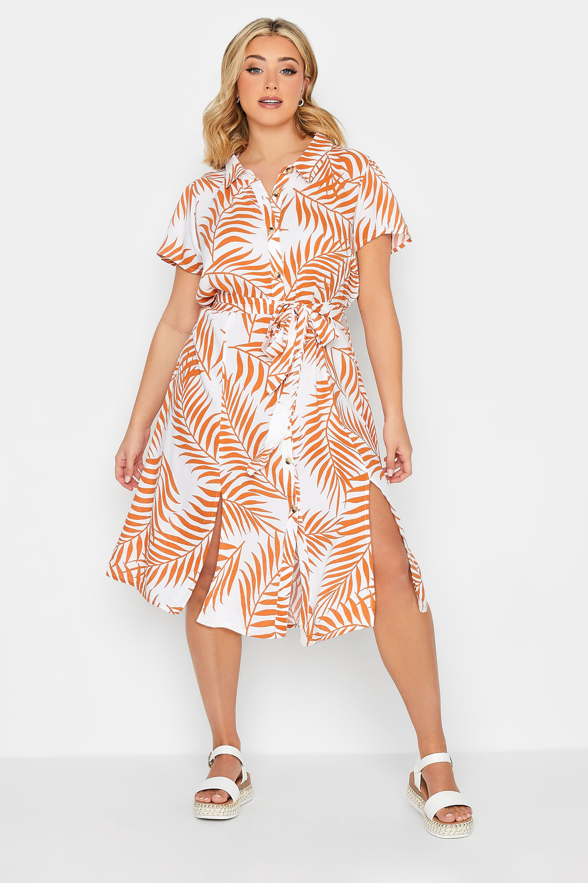 YOURS PETITE Plus Size Curve White & Orange Leaf Print Belted Midi Dress | Yours Clothing  2