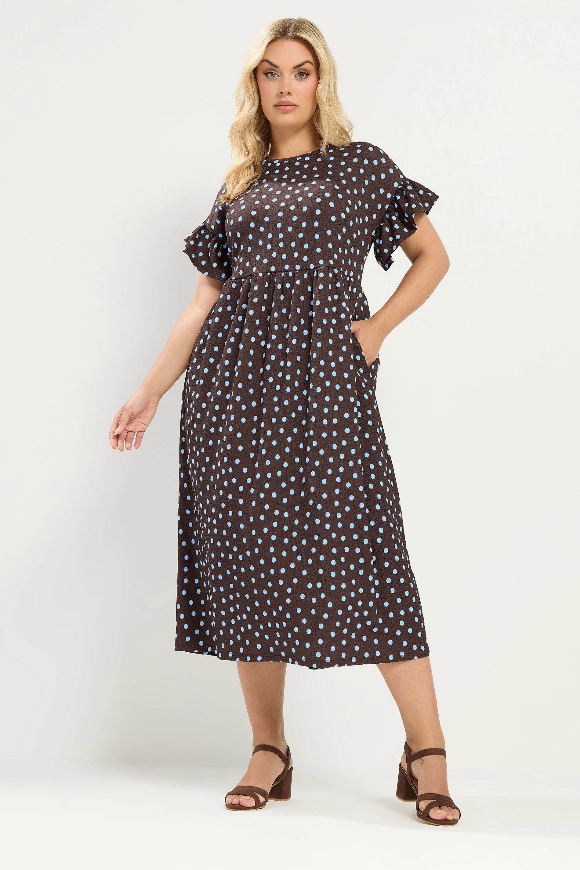 YOURS Plus Size Chocolate Brown Polka Dot Midi Dress | Yours Clothing 1