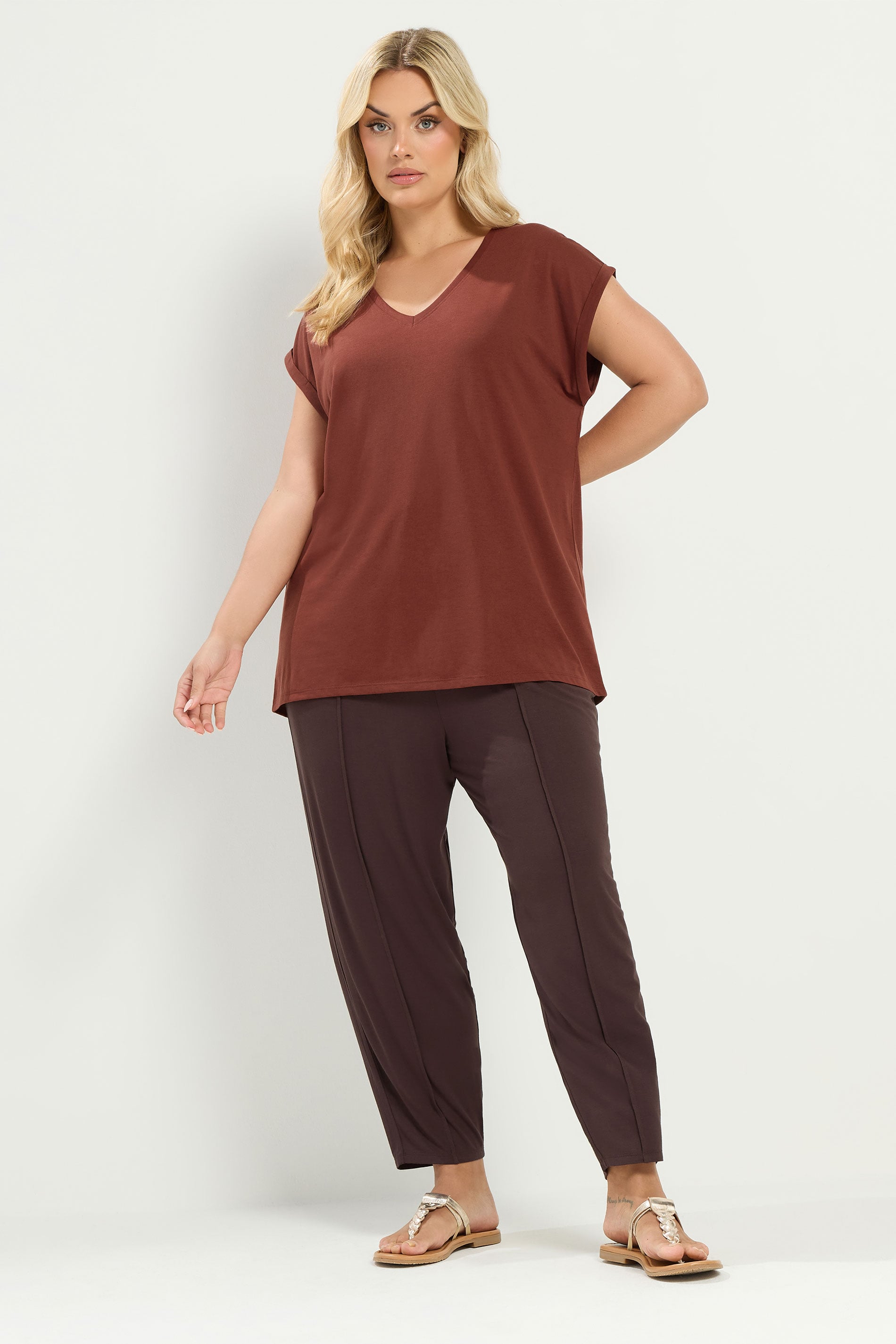 YOURS Plus Size Rust Orange V-Neck Basic T-Shirt | Yours Clothing 1