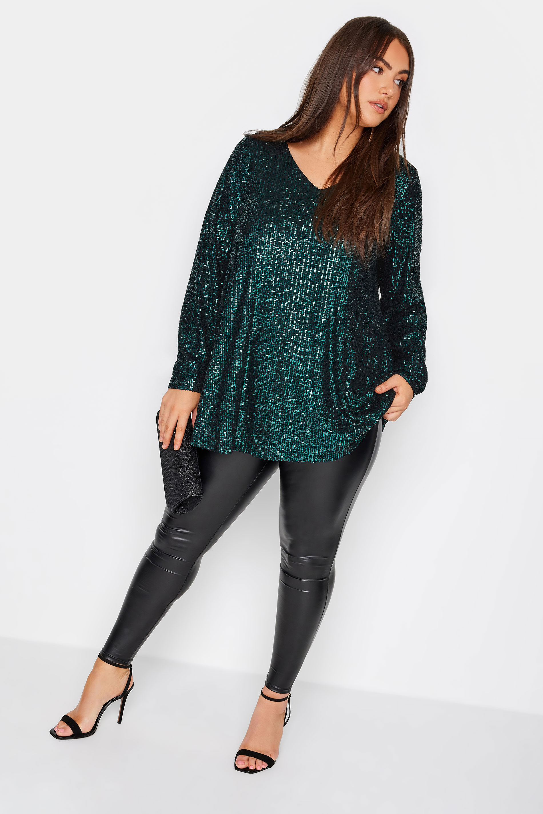YOURS LONDON Plus Size Dark Green Sequin Embellished Long Sleeve Top | Yours Clothing 2