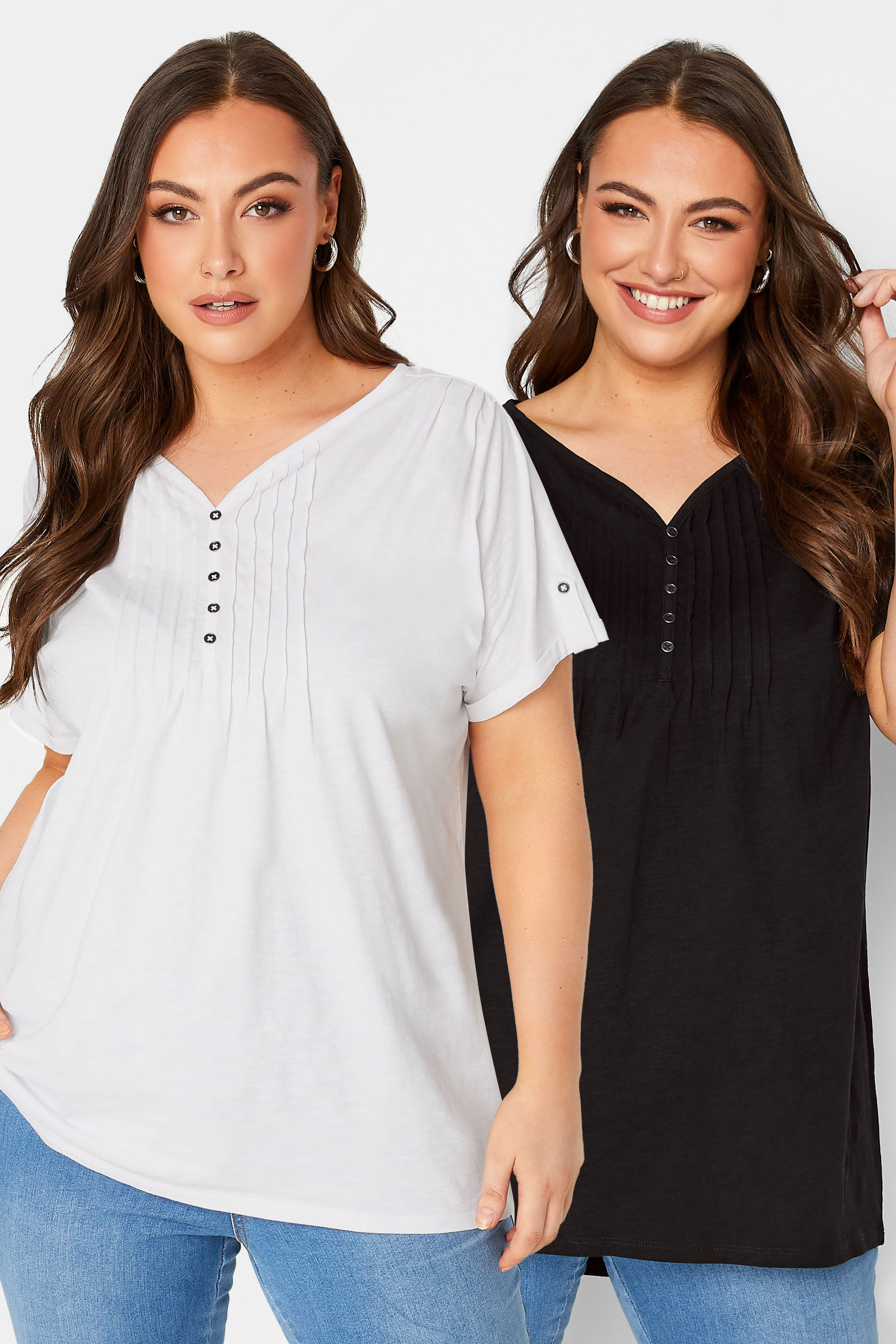 YOURS 2 PACK Plus Size Black & White Henley T-Shirts | Yours Clothing 1