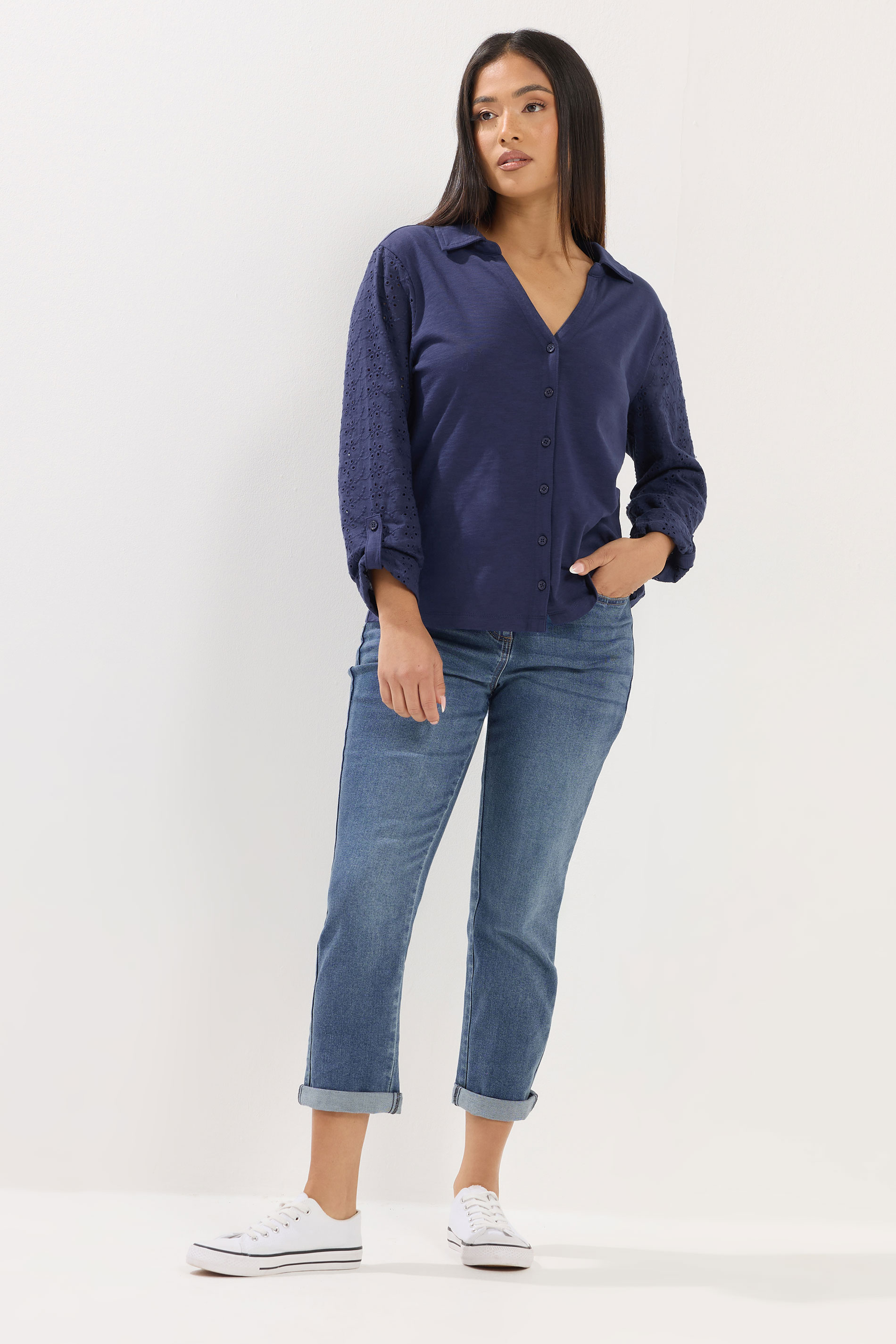 M&Co Petite Navy Blue Broderie Sleeve Cotton Shirt | M&Co 1