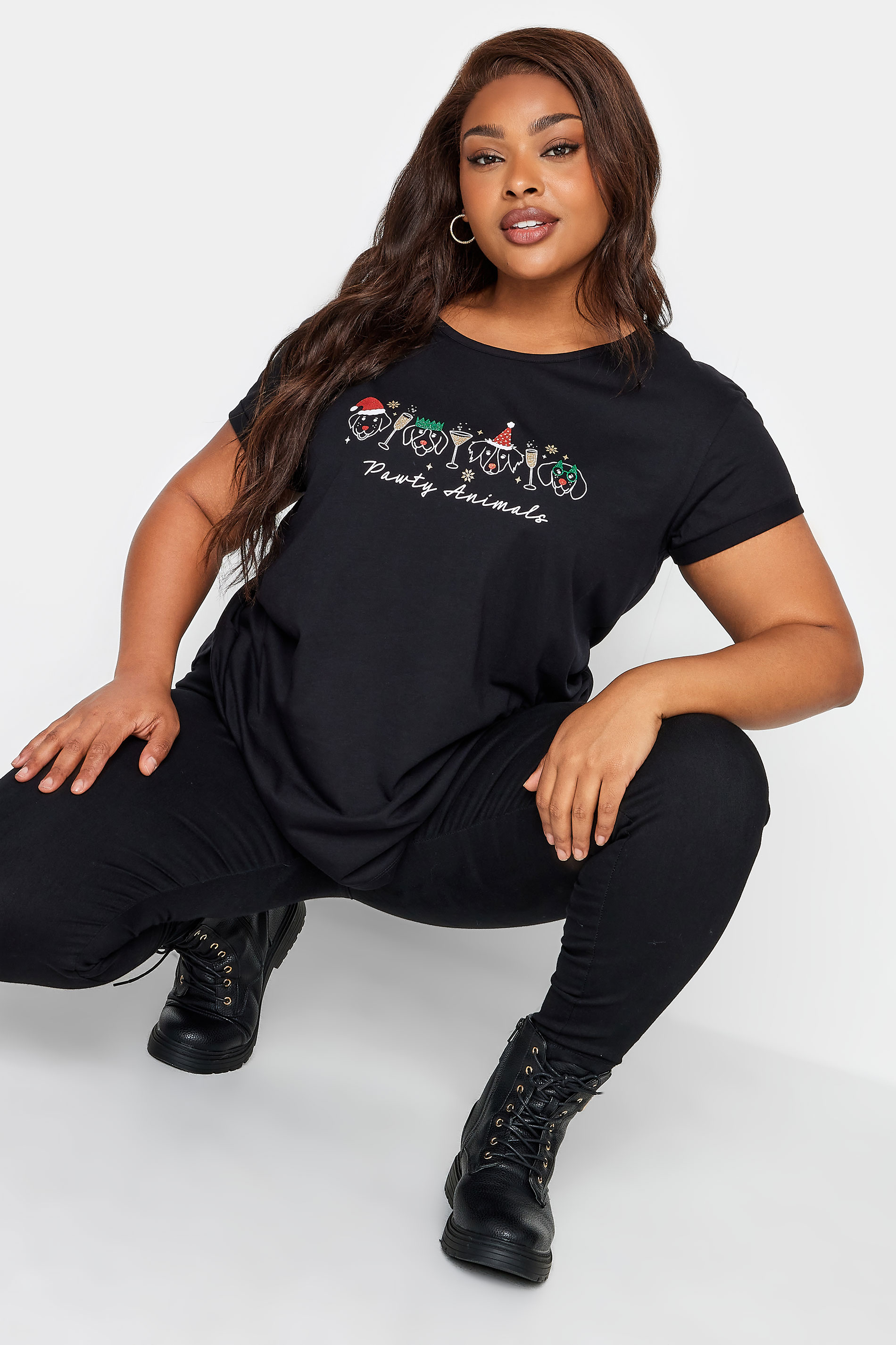 YOURS Plus Size Black 'Party Animals' Novelty Christmas T-Shirt | Yours Clothing 1