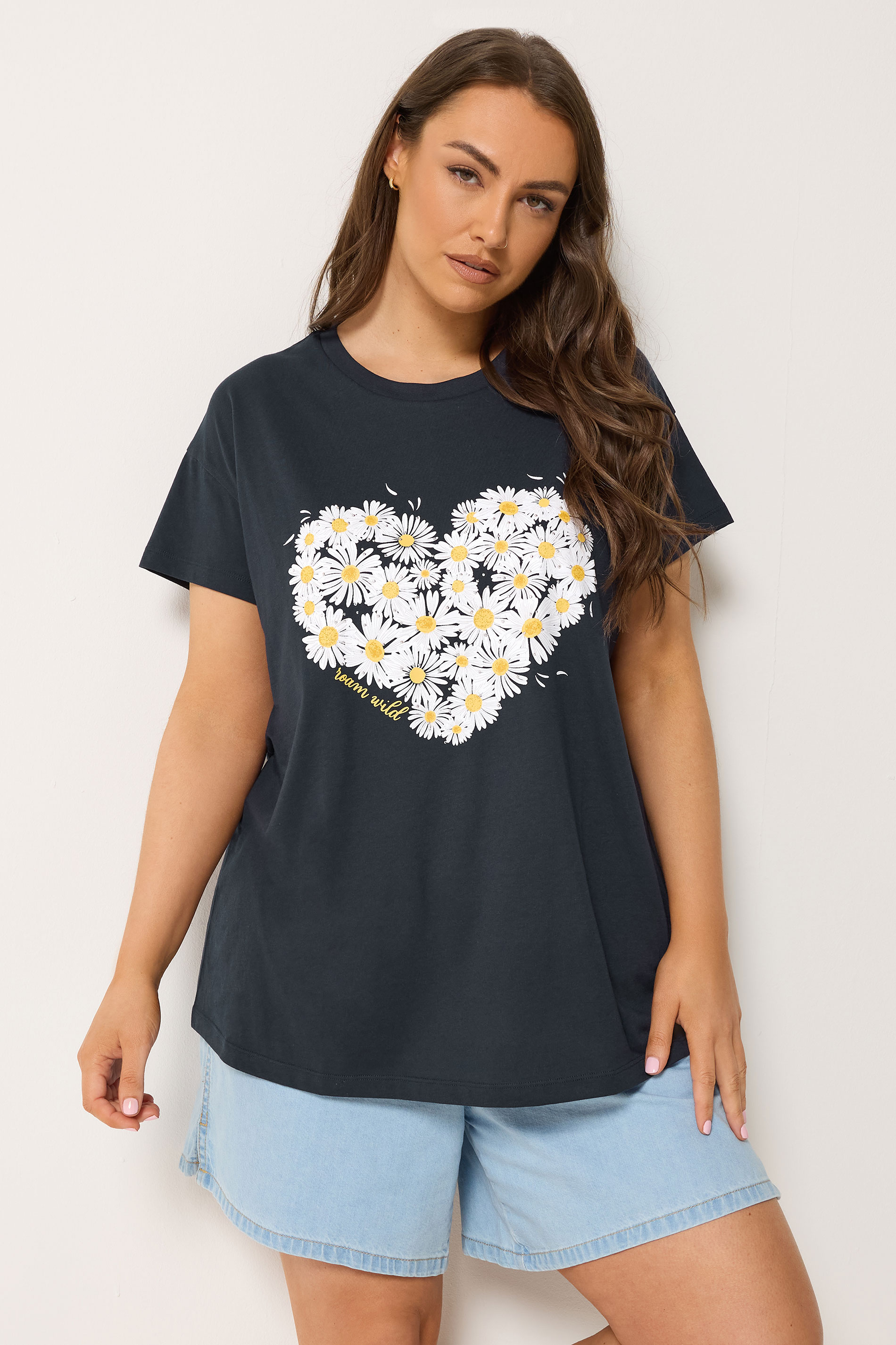 YOURS Plus Size Navy Daisy Heart Print T-Shirt | Yours Clothing 3