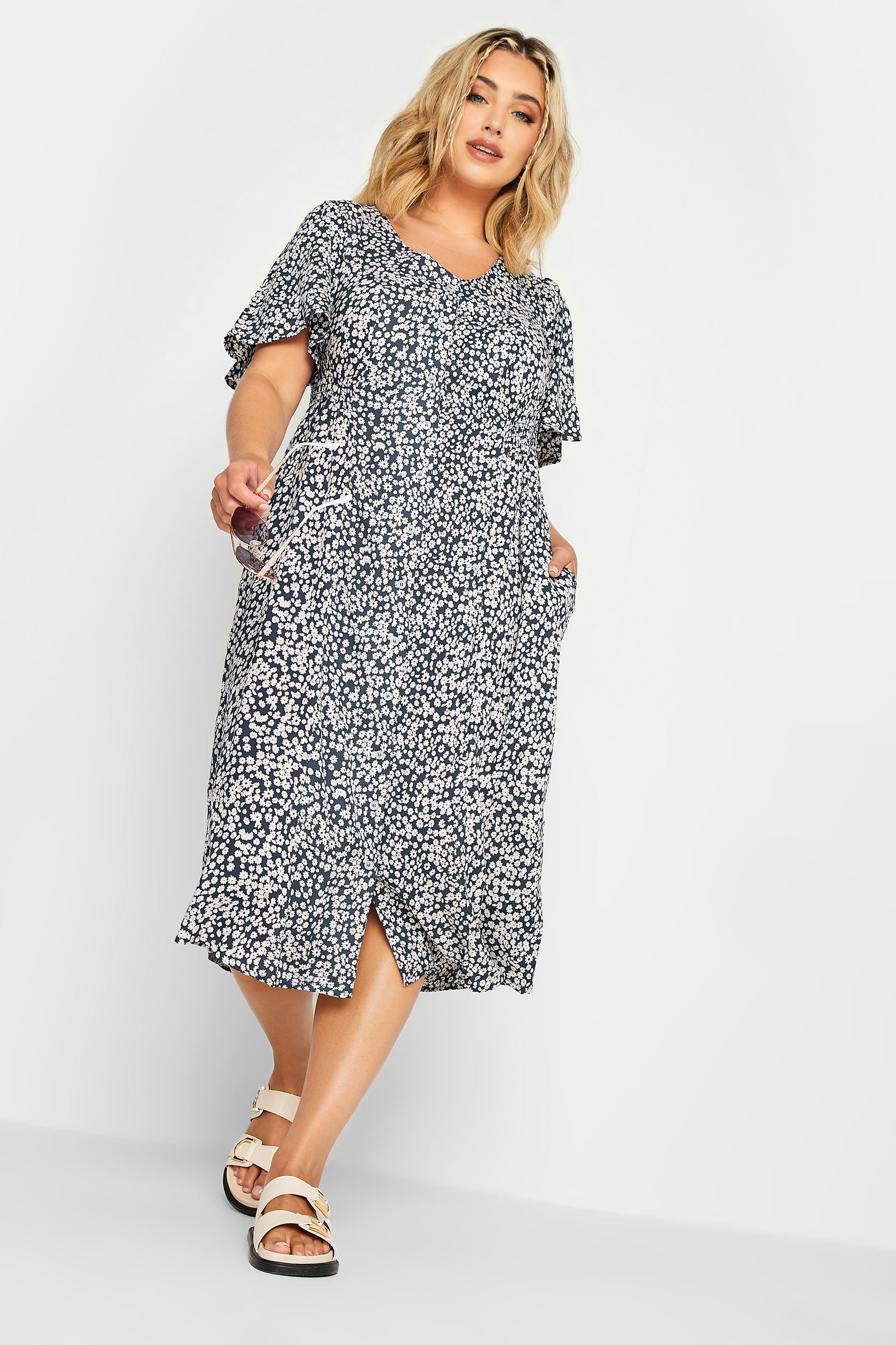 YOURS Plus Size Navy Blue Ditsy Print Tea Dress | Yours Clothing 2