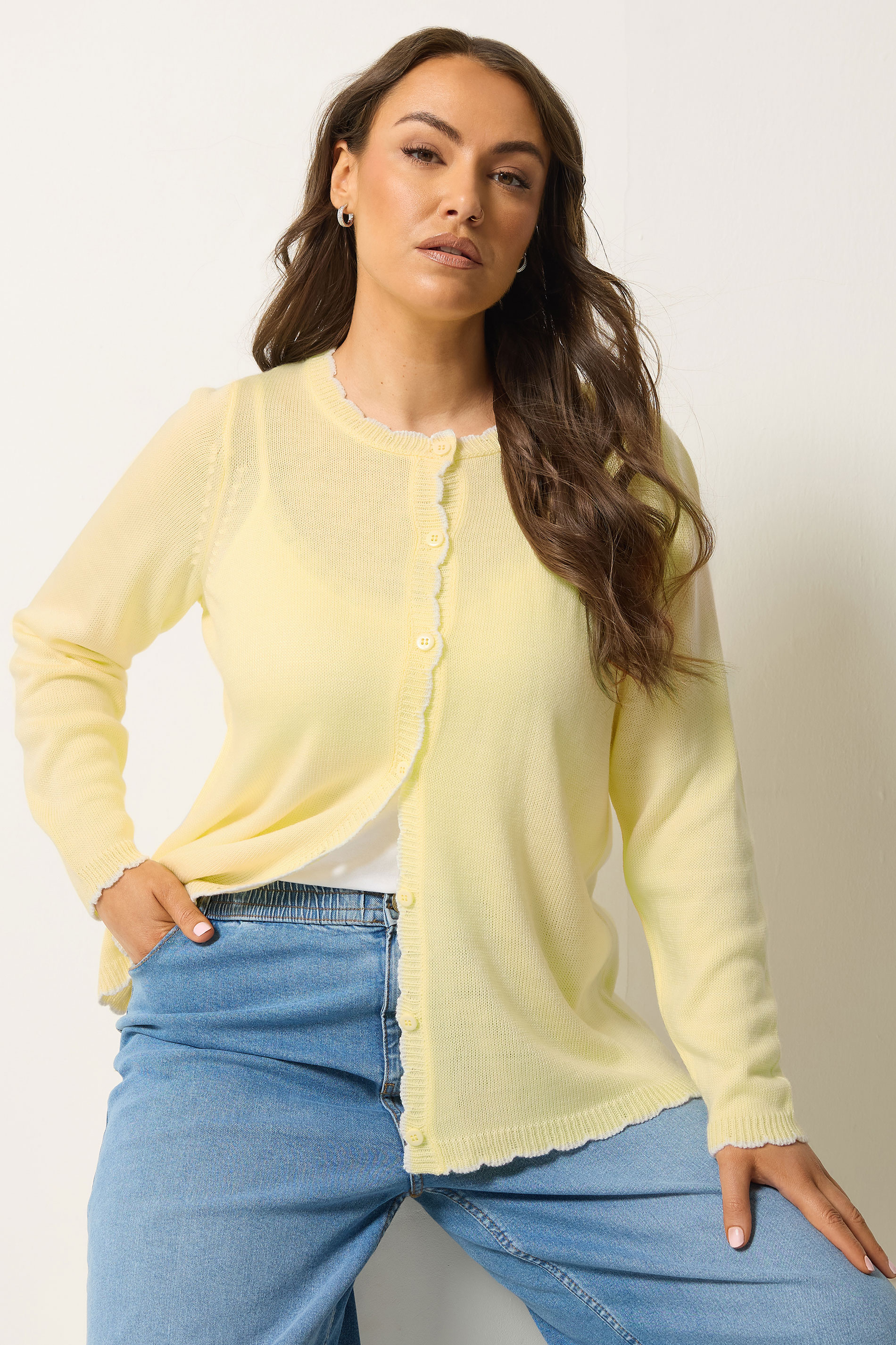 YOURS Plus Size Yellow Scallop Edge Cardigan | Yours Clothing 3