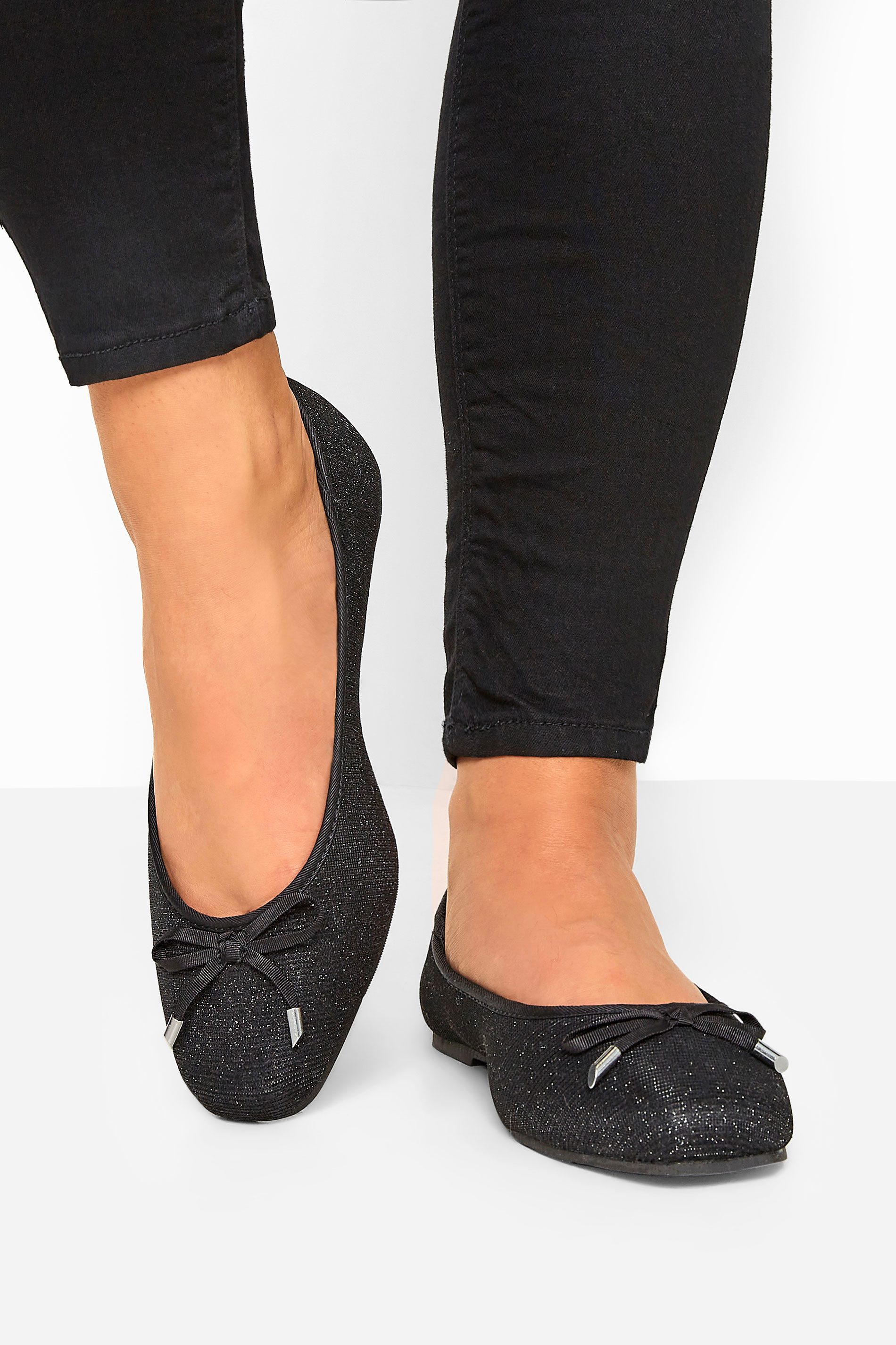 Black Glitter Bow Ballerina Pumps In Extra Wide Fit | Yours Clothing