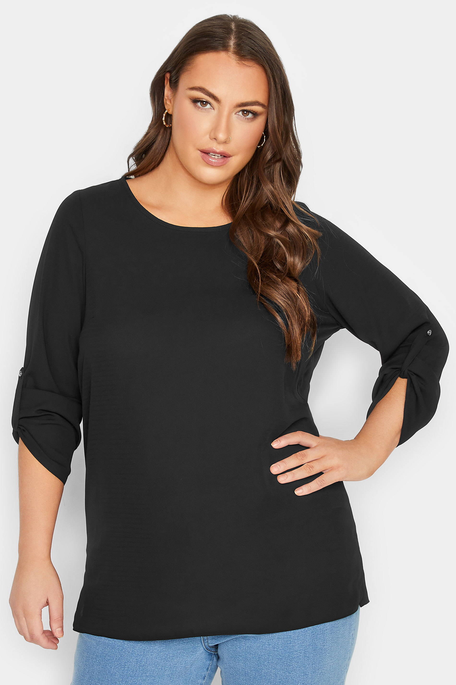 YOURS Plus Size Black Tab Sleeve Blouse | Yours Clothing 1