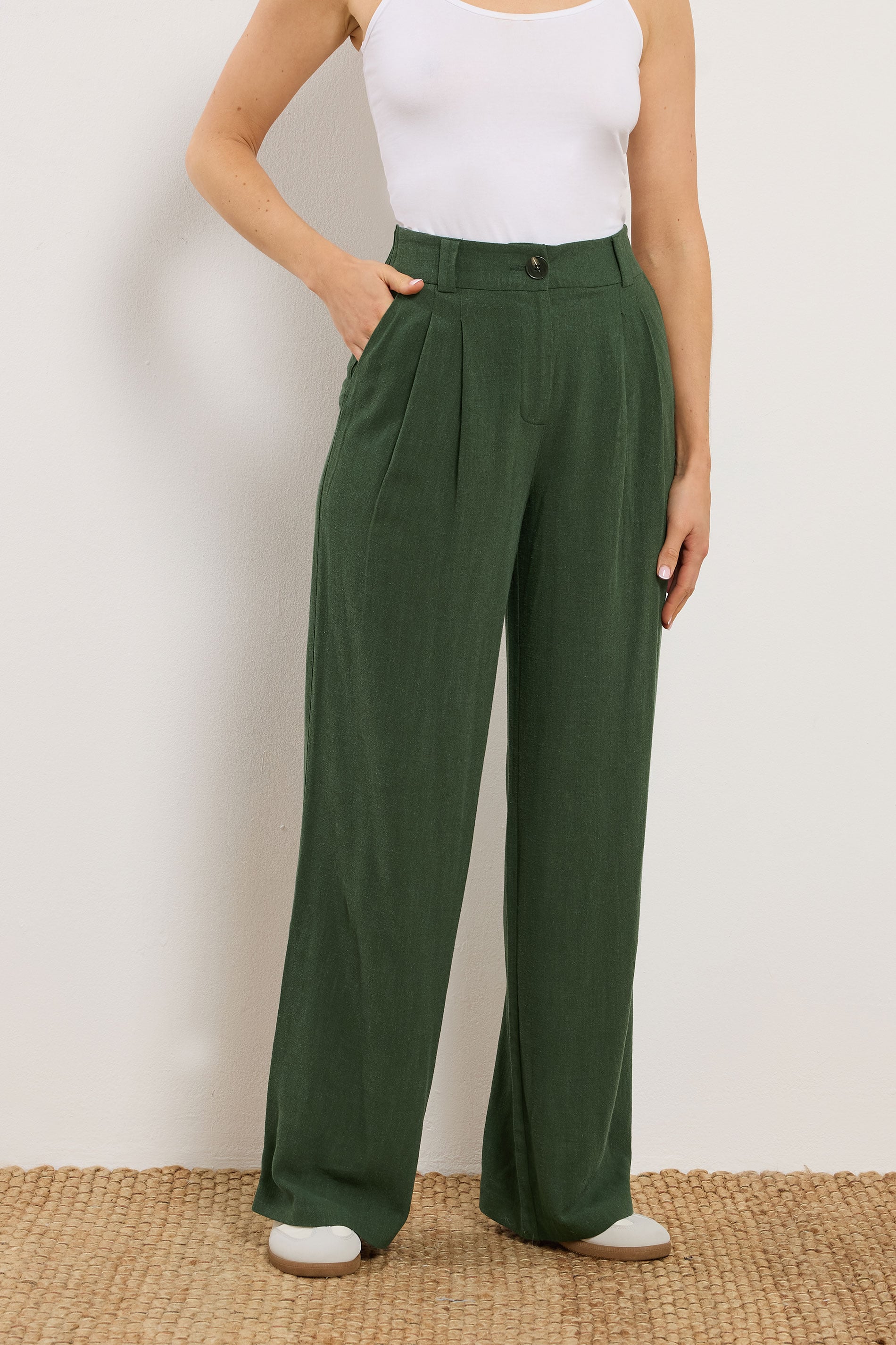 LTS Tall Women's Dark Green Linen Pleated Wide Leg Trousers | Long Tall Sally 2