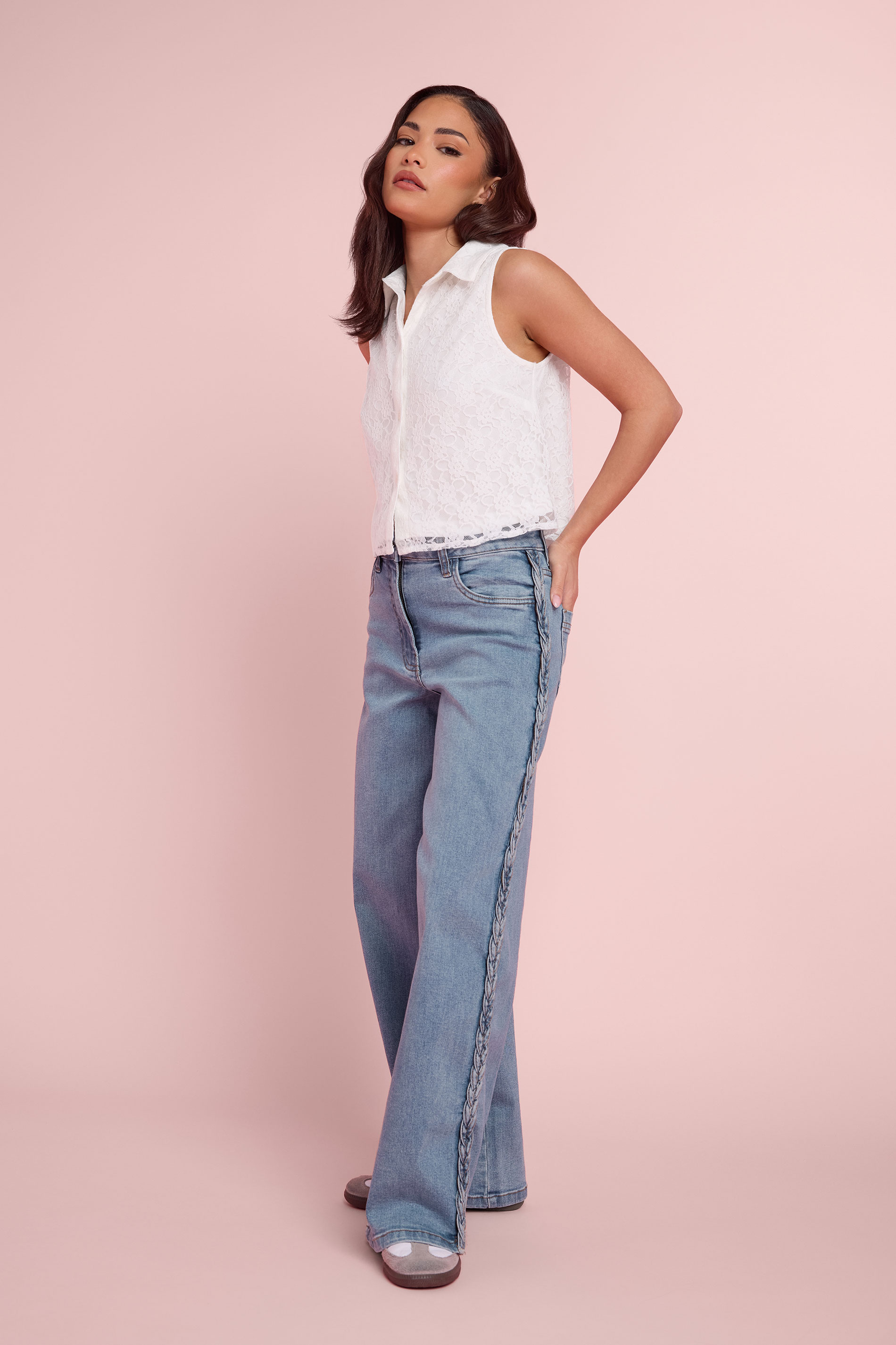 PixieGirl Petite Women's Mid Blue Plait Detail Wide Leg Jeans | PixieGirl 3