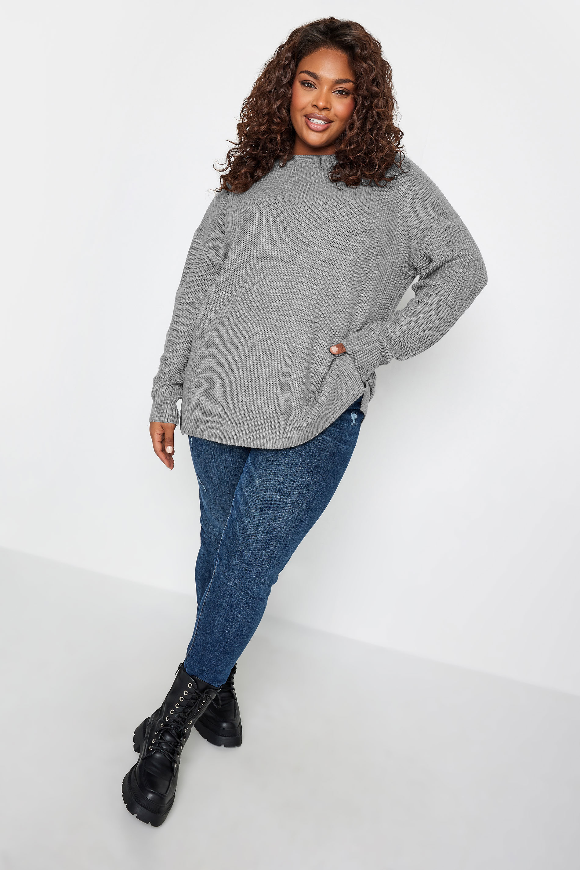 YOURS Plus Size Grey Drop Shoulder Knitted Jumper | Yours Clothing 2