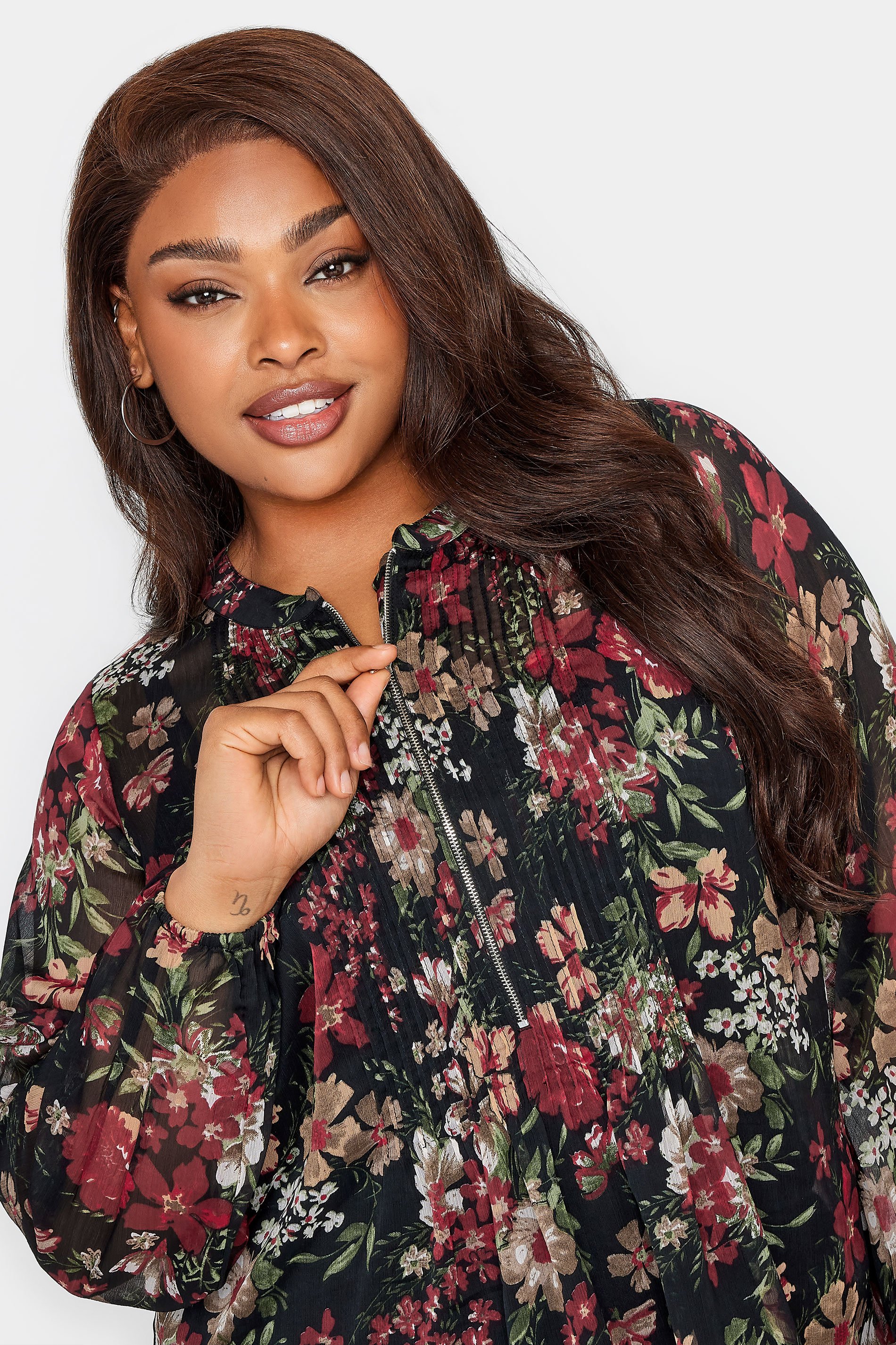 YOURS LONDON Plus Size Black Floral Print Zip Front Top