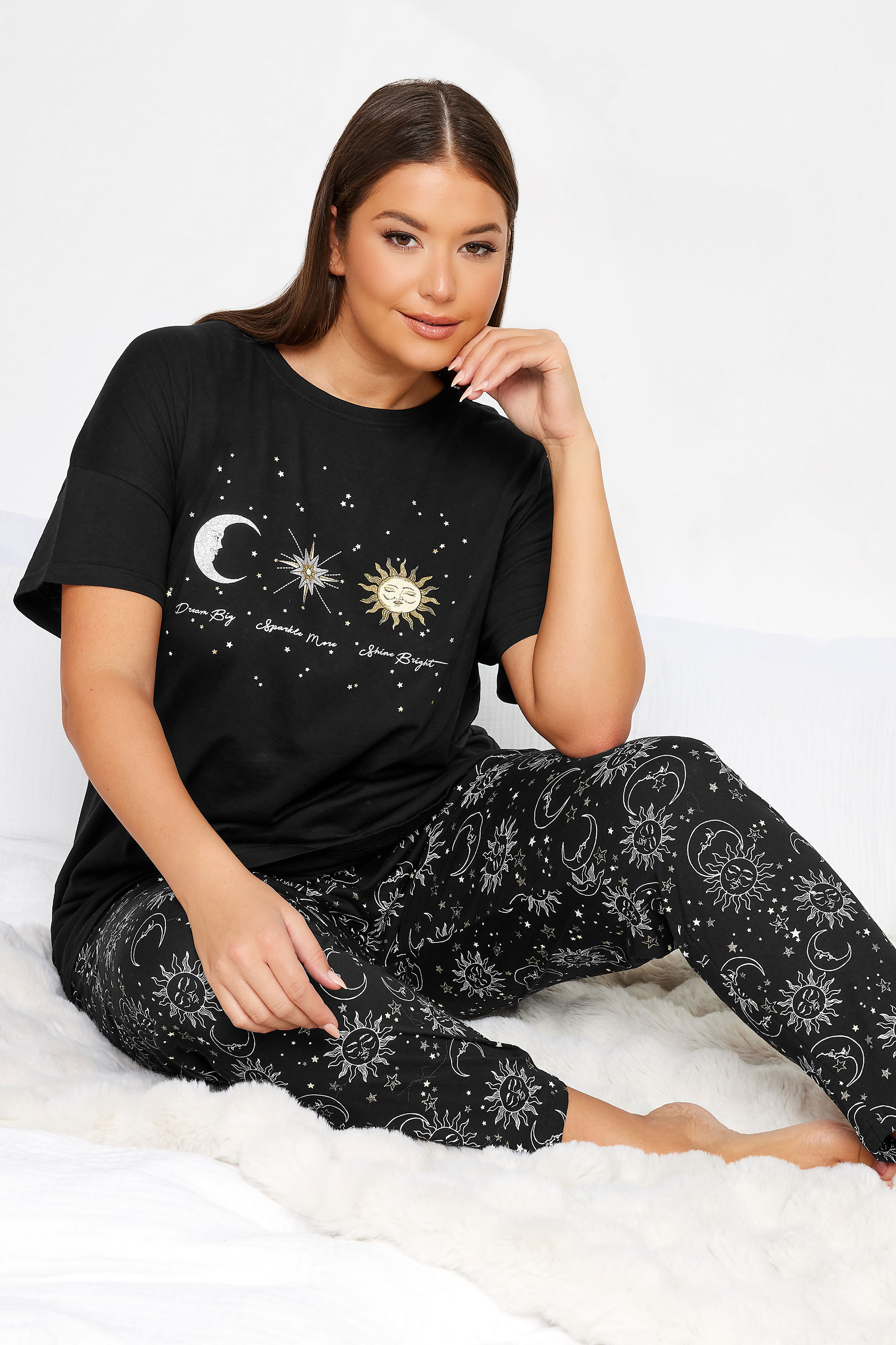 YOURS Plus Size Black Star & Moon Print Pyjama Set | Yours Clothing 2