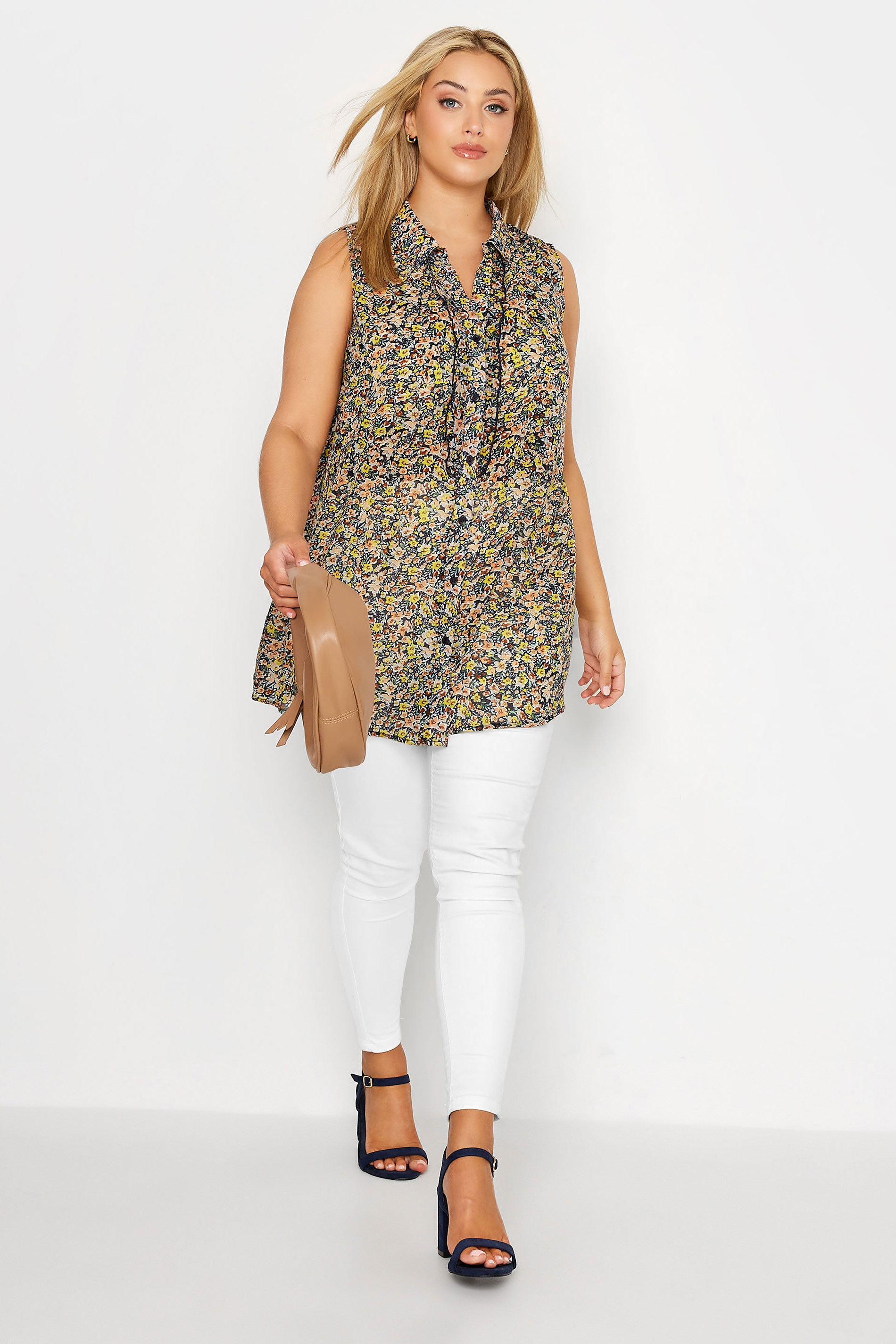 Plus Size Navy Blue Floral Print Sleeveless Swing Blouse | Yours Clothing 2