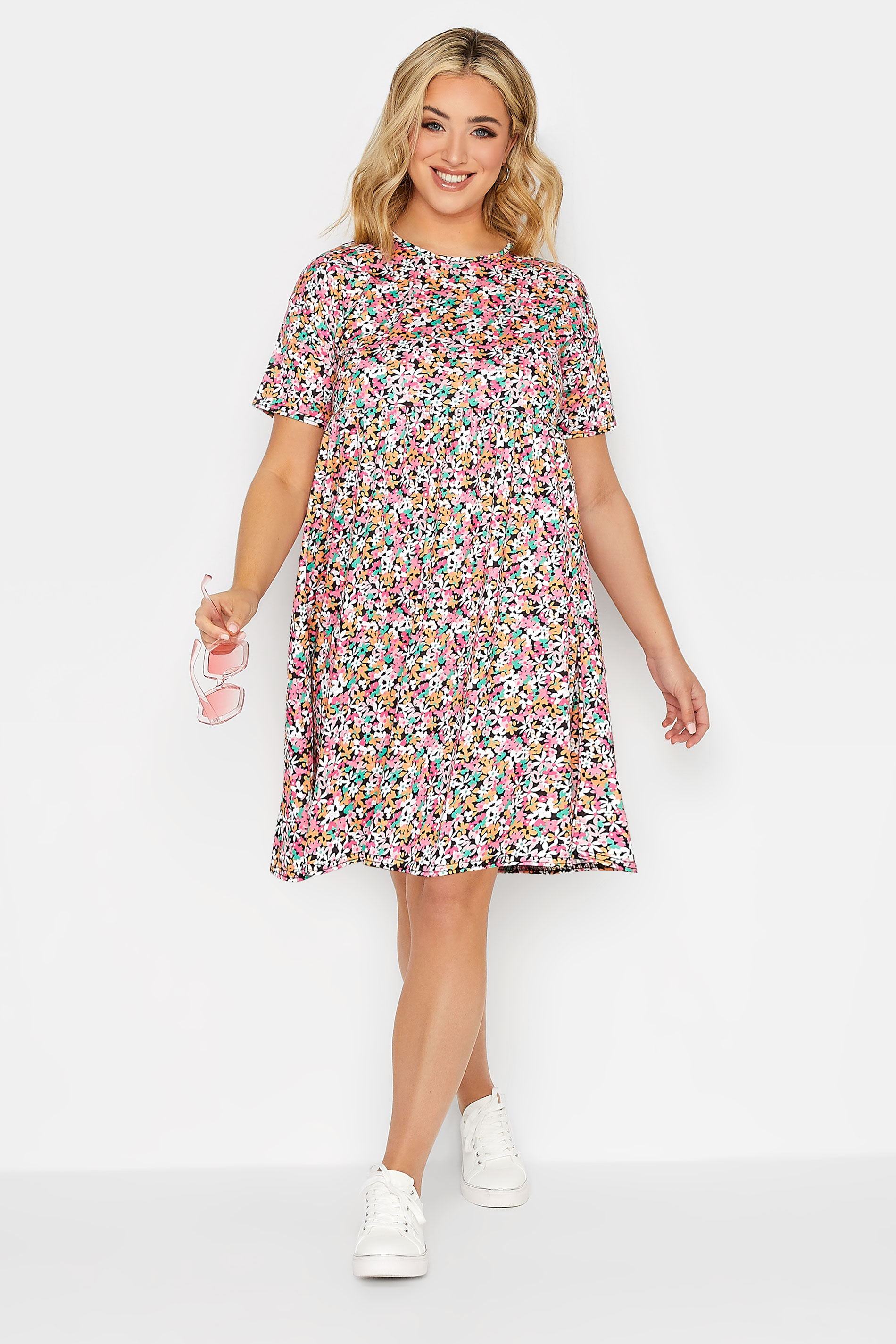 YOURS PETITE Plus Size Pink Ditsy Floral Print Smock Dress | Yours Clothing 1