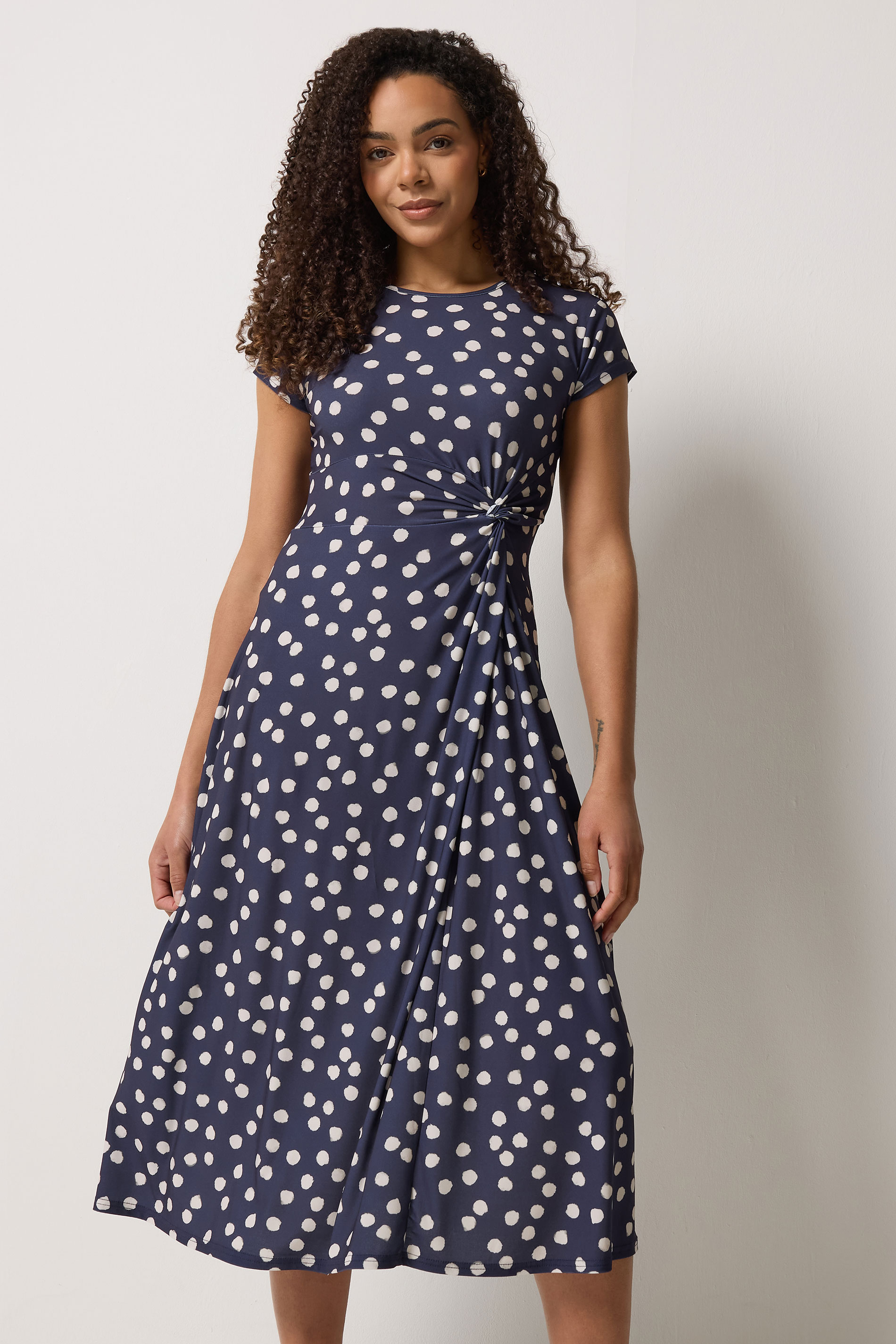 M&Co Navy Blue Polka Dot Side Twist Midi Dress | M&Co 2