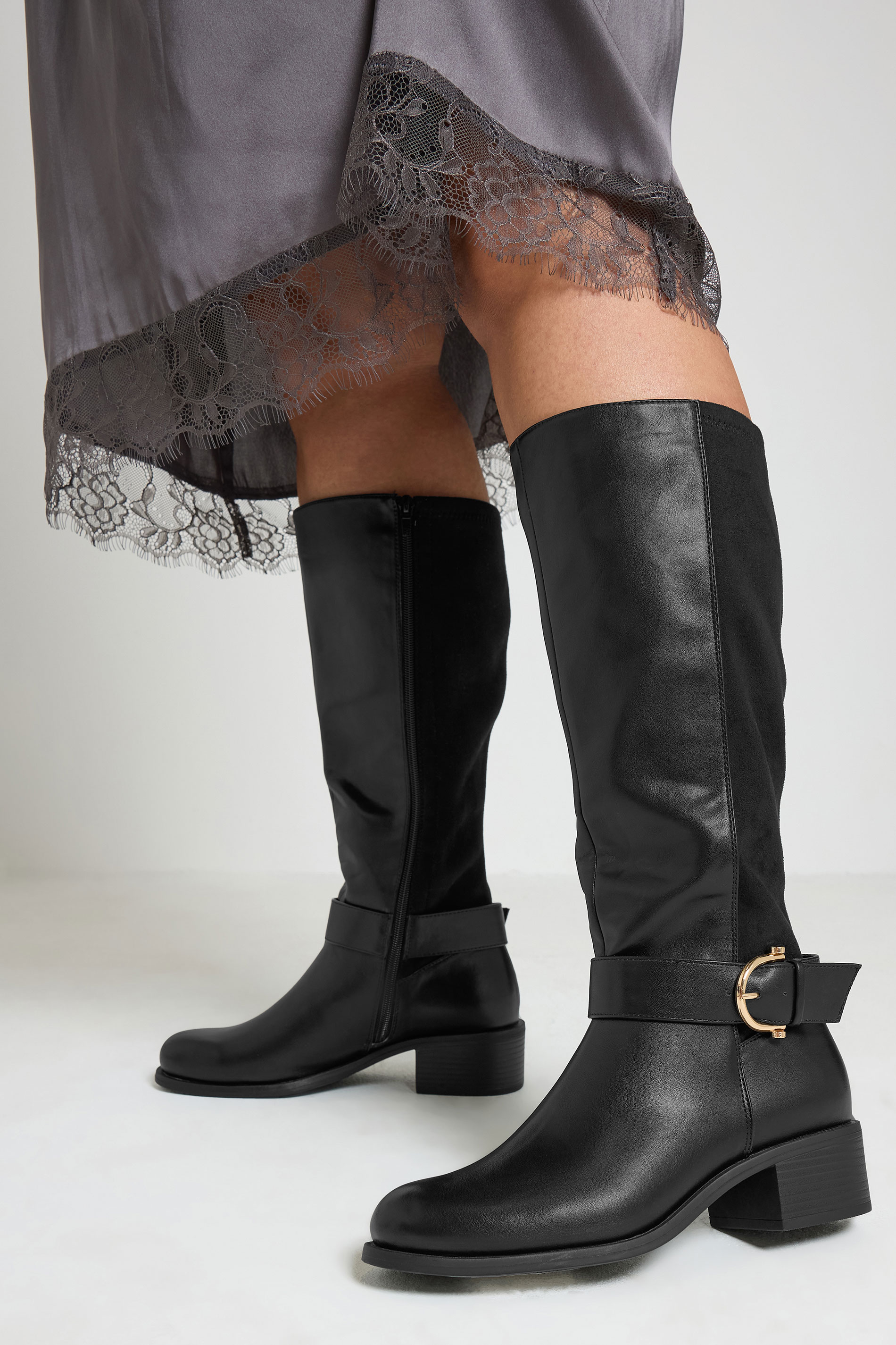 Yours Black Buckle Stretch Panel Knee High Boots In Extra Wide Eee Fit Size 37EEE
