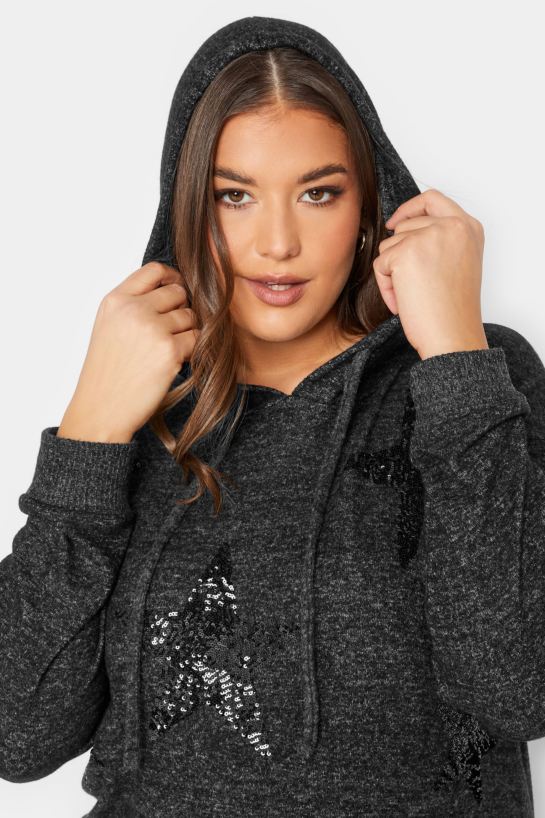 Plus Size Womens Curve Charcoal Grey And Black Sequin Star Hoodie Yours Clothing