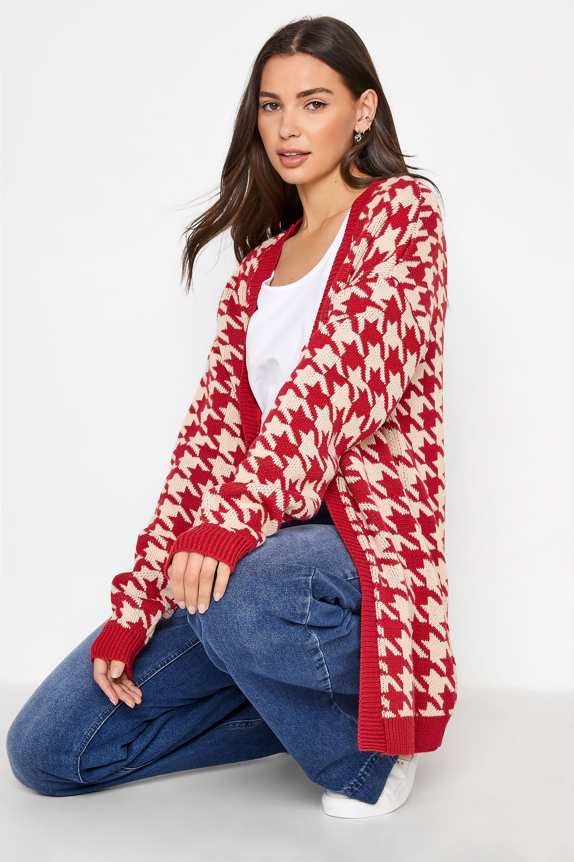 LTS Tall Red Dogtooth Check Cardigan 1
