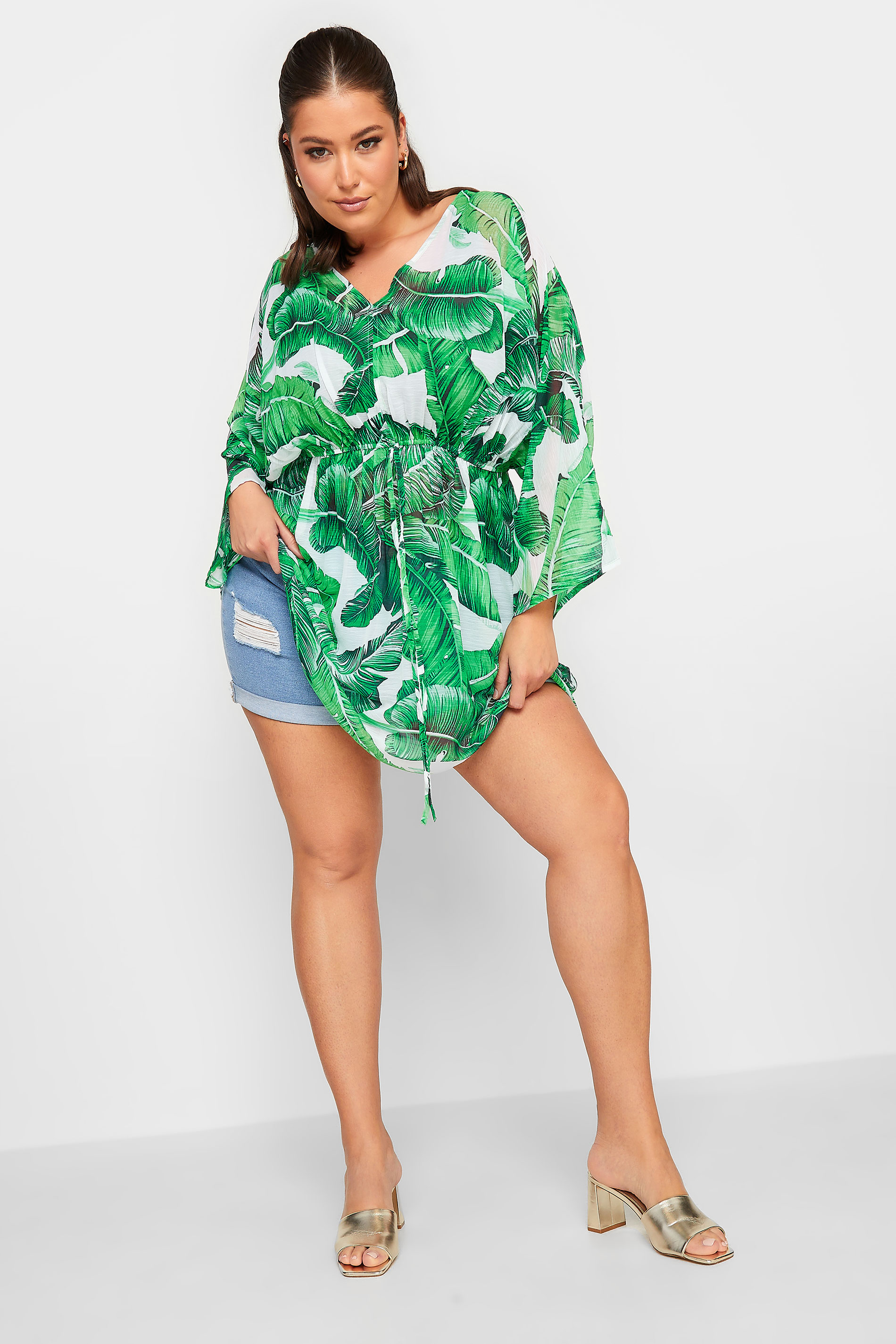 YOURS Plus Size Green Leaf Print Kimono | Yours Clothing 3